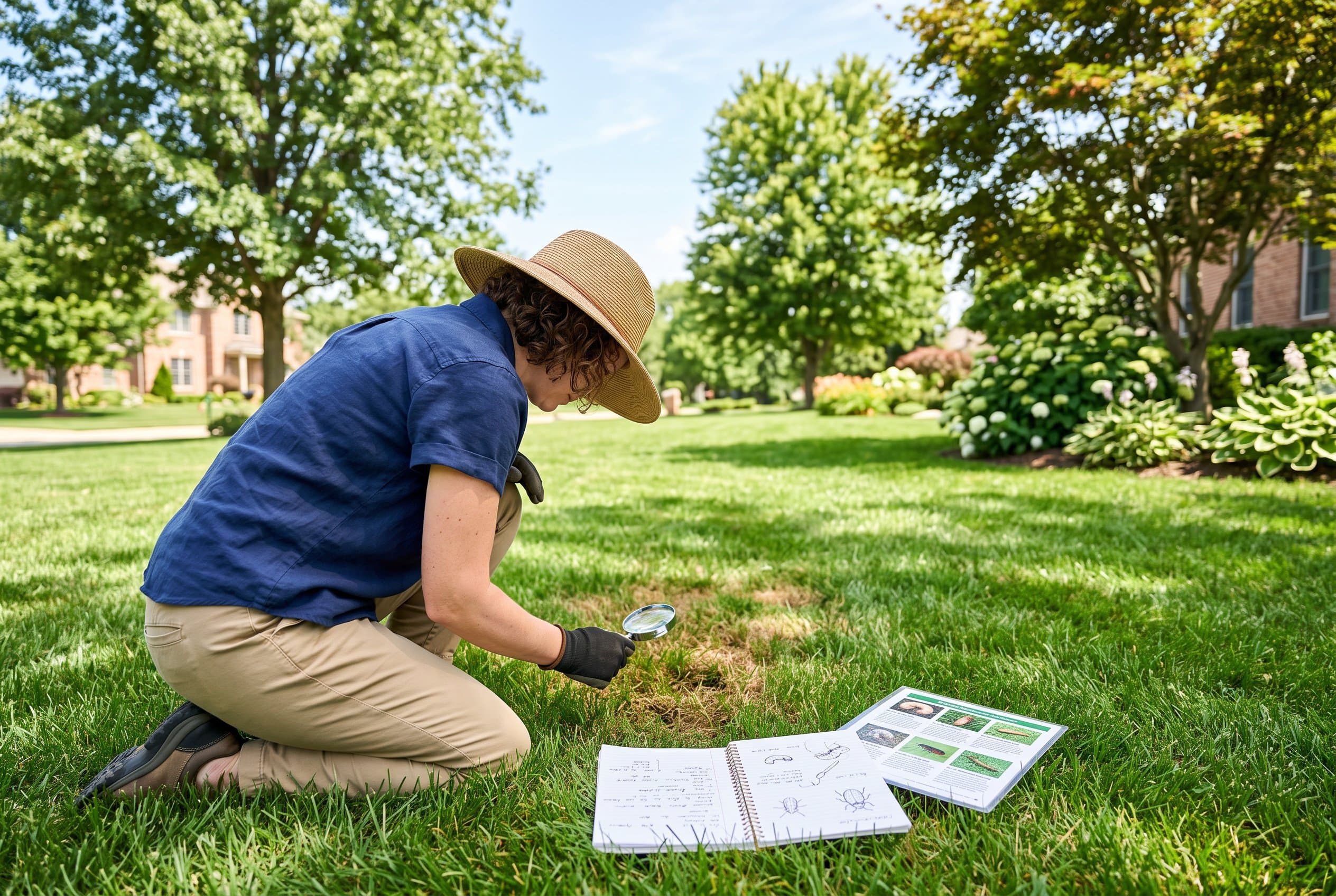 Professional lawn pest identification guide showing common garden insects on grass blades