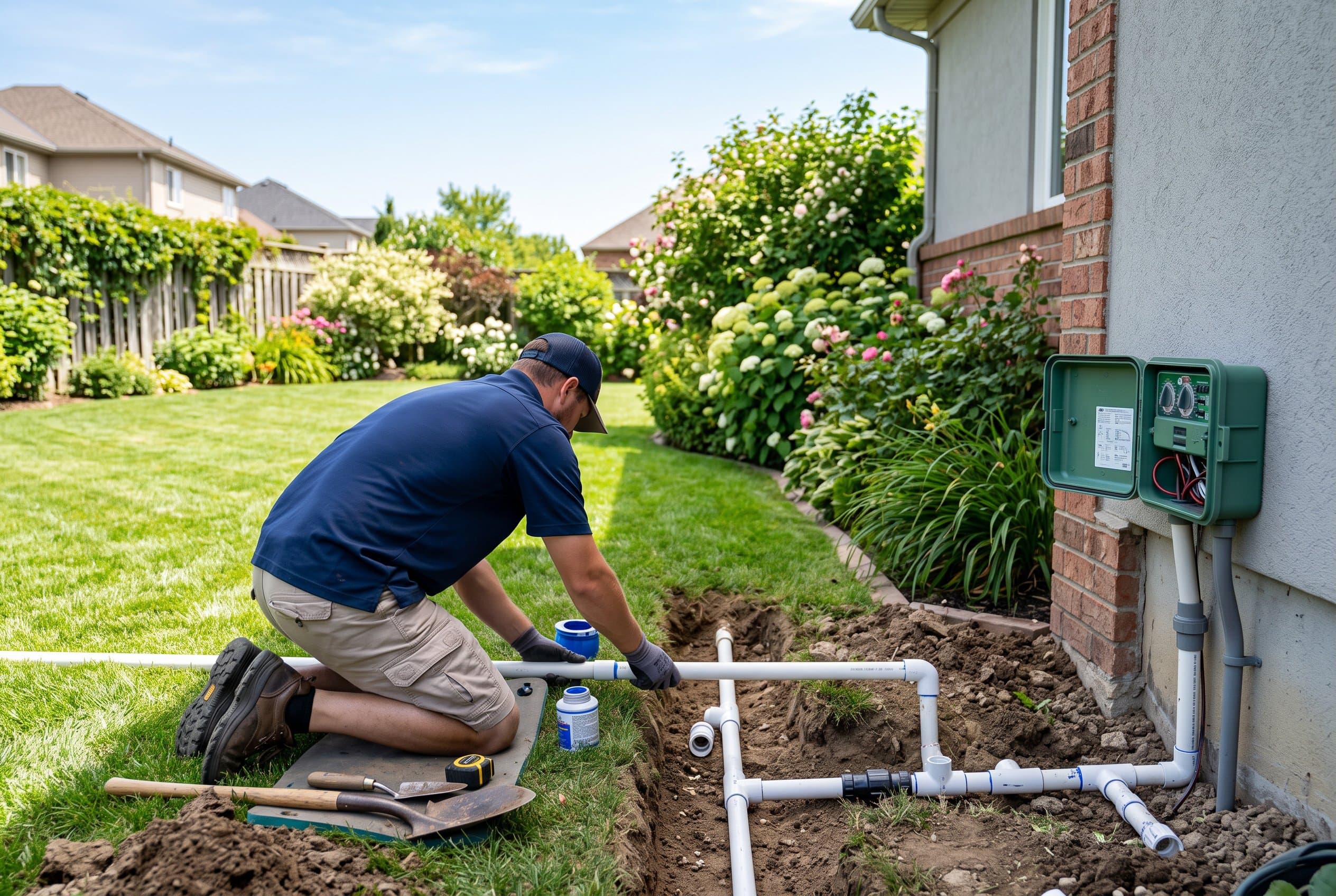 Professional lawn sprinkler system setup with underground pipes and spray heads installed in residential yard