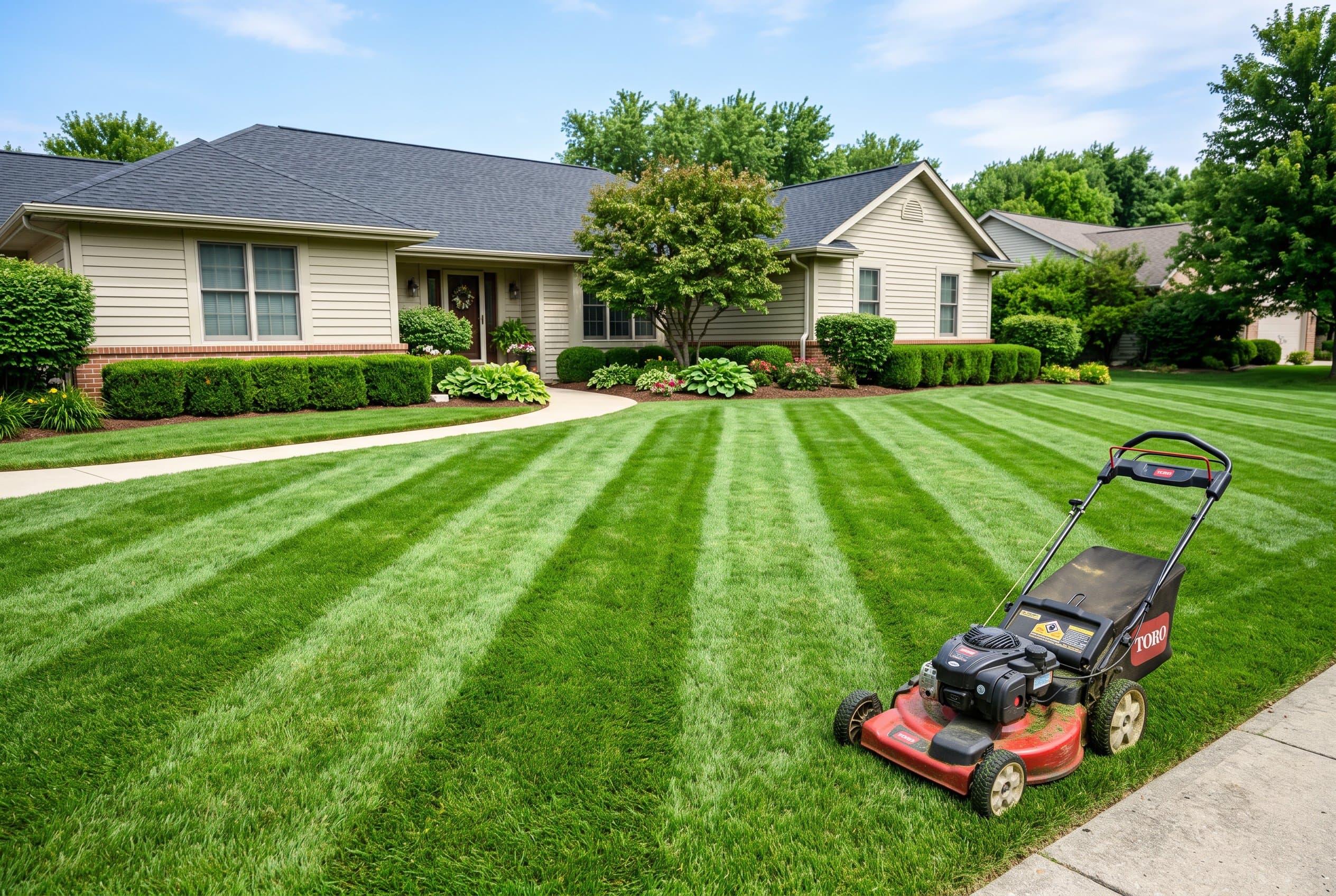 Professional lawn striping techniques creating geometric green and white patterns on residential lawn