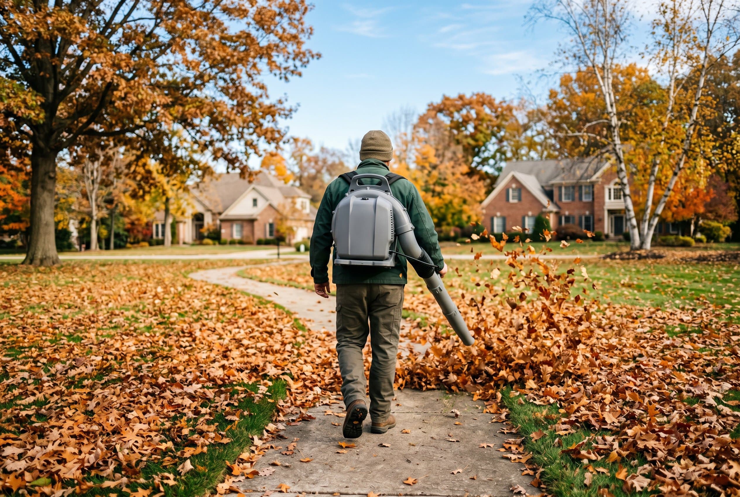Worker with a backpack leaf blower clearing drifts of fallen leaves from a suburban yard on a crisp fall day