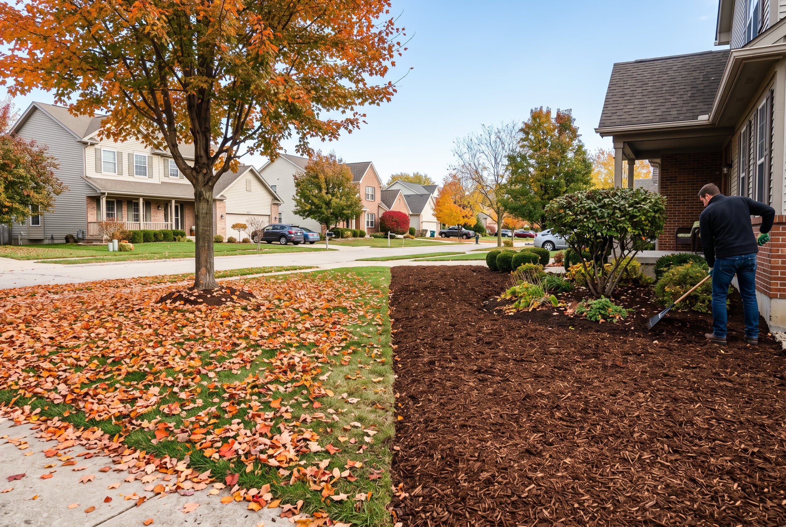 Professional landscaper comparing leaf removal vs mulching techniques on healthy lawn