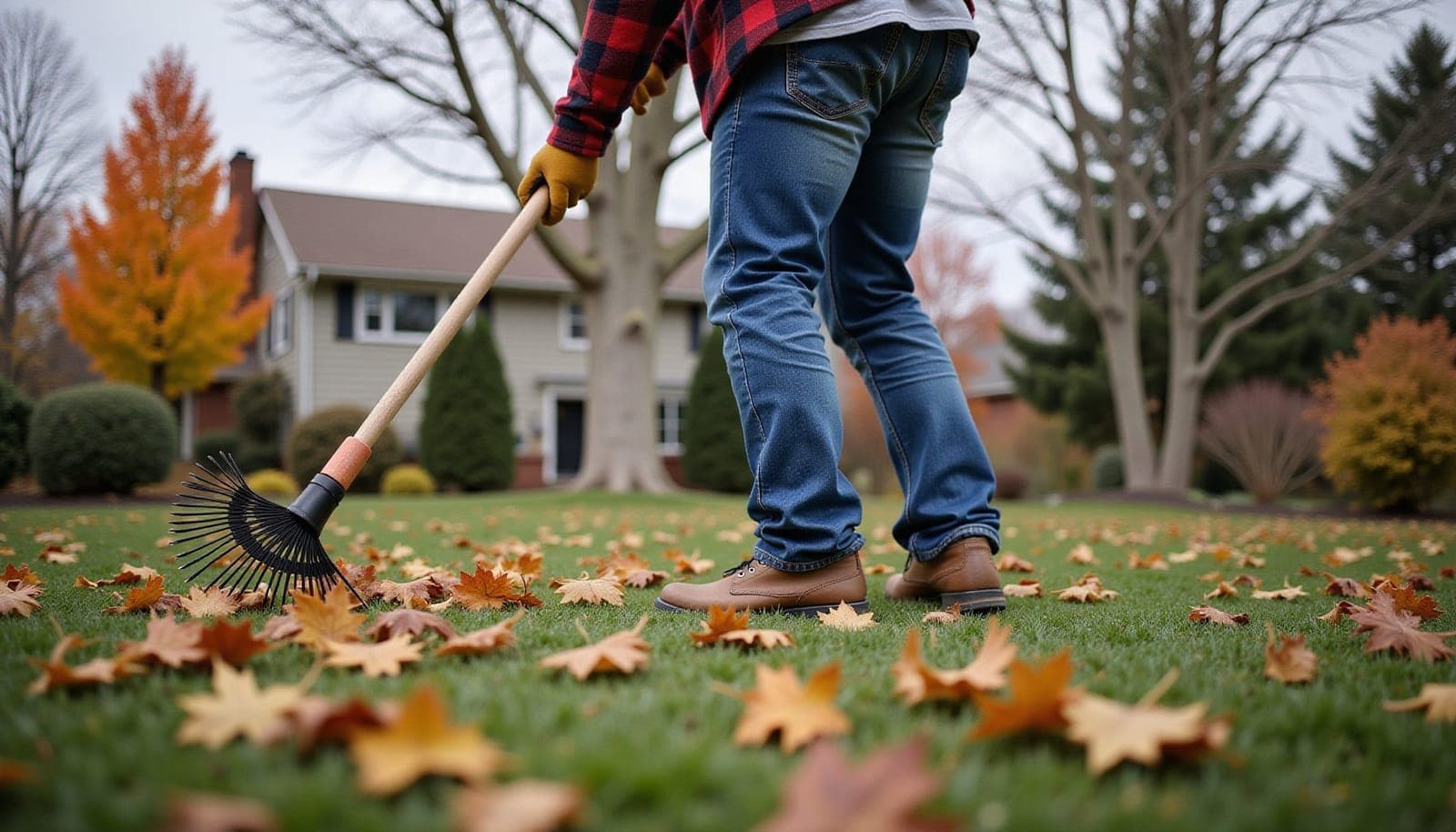 Professional photograph of leaf removal vs mulching - residential lawn care