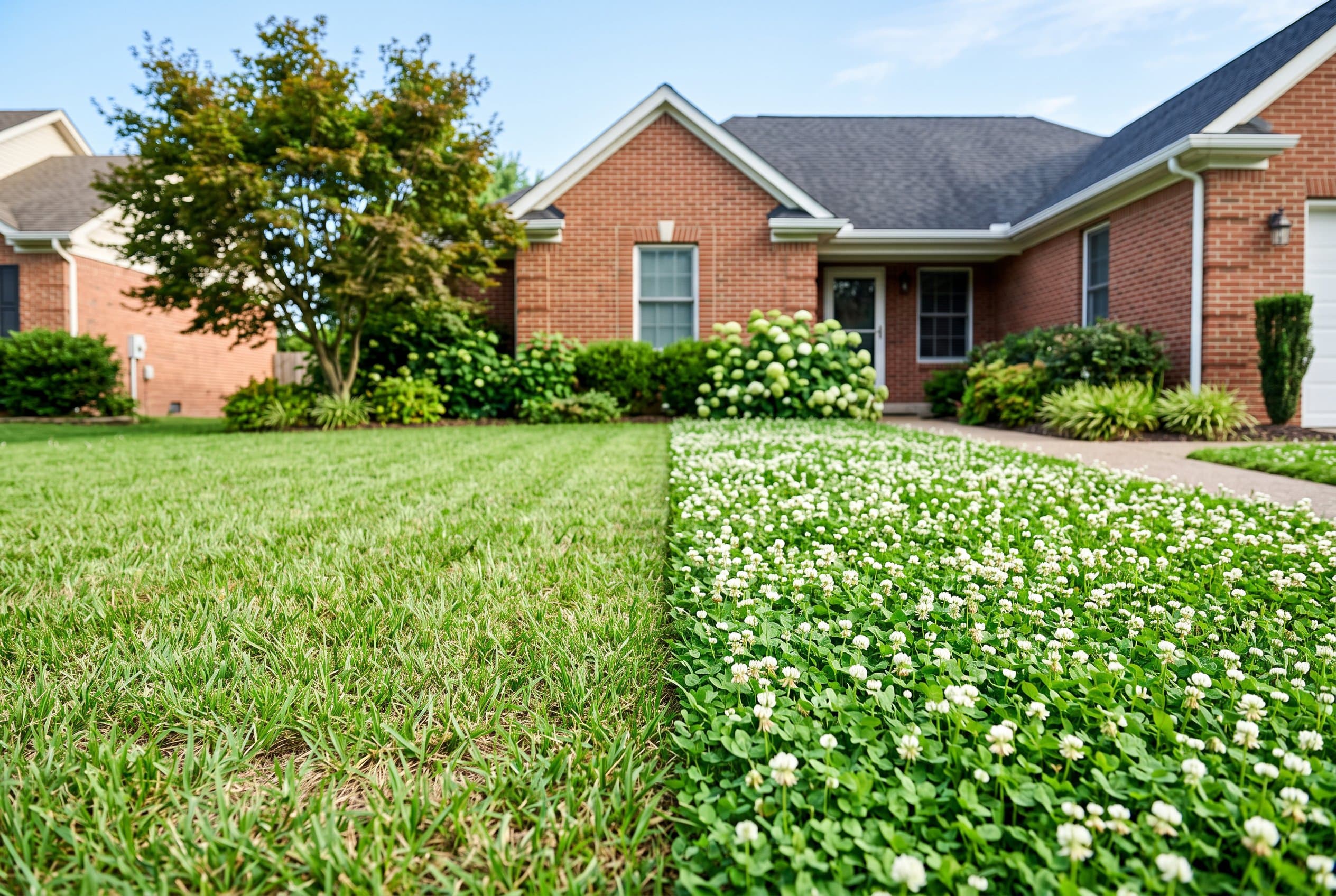 Lush green microclover lawn with white flowers growing in residential yard