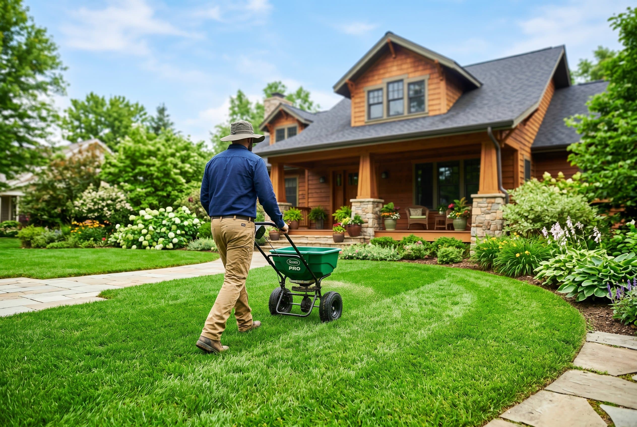 A person applying lawn treatment to a healthy green lawn beside a craftsman home.