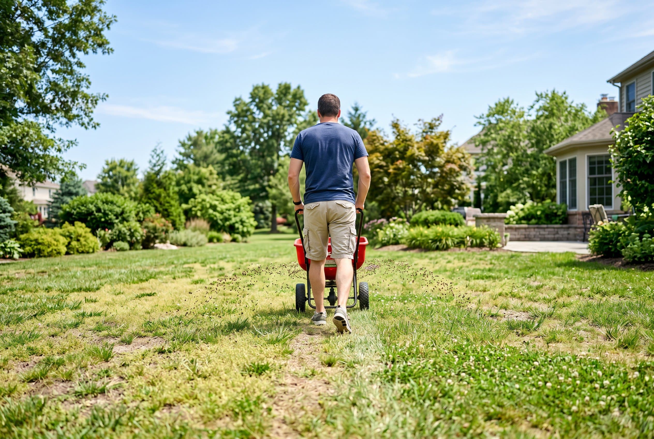 Homeowner pushing a broadcast spreader across a thin patchy lawn, grass seed scattering onto the turf