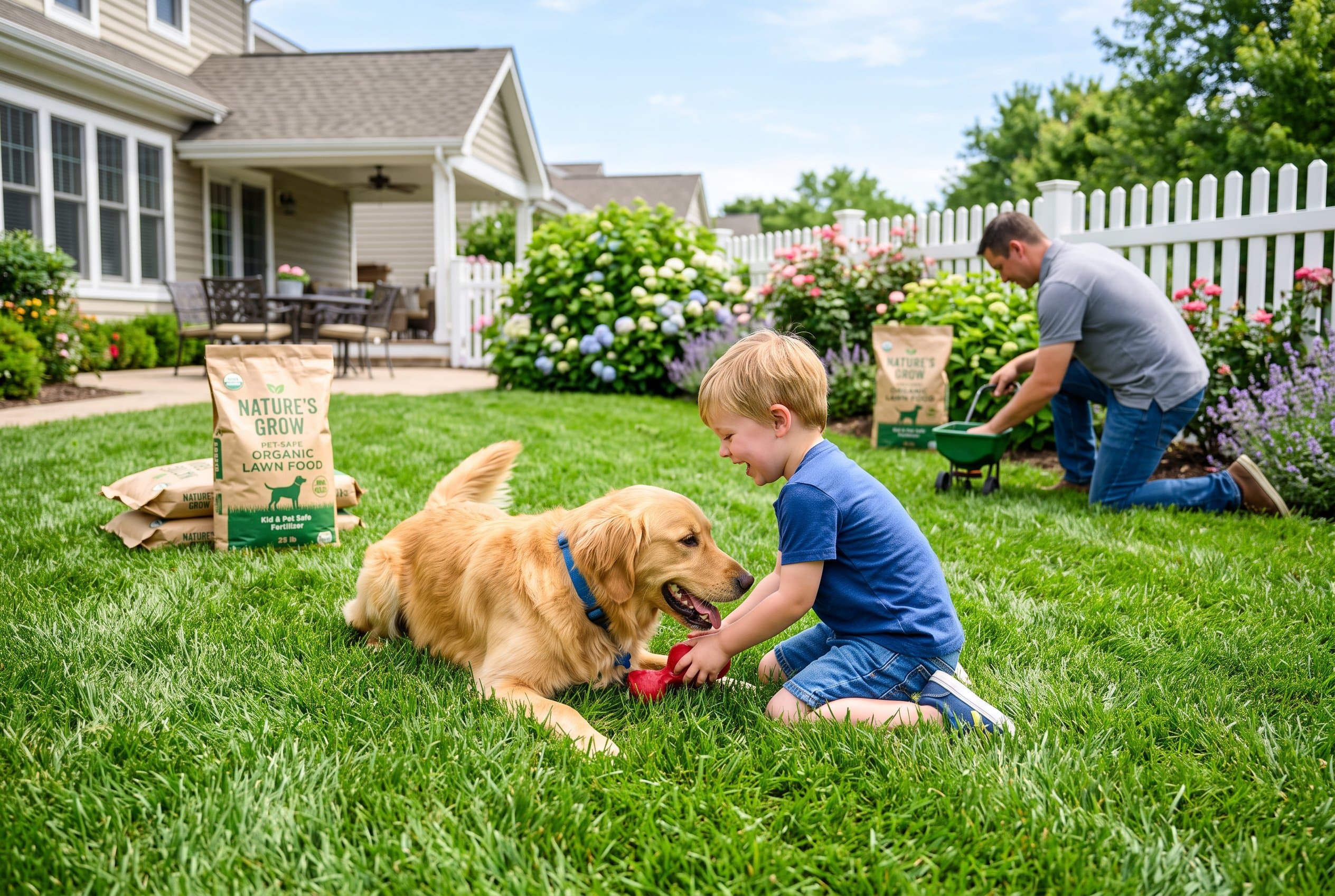 Dog playing safely on lush green pet safe lawn in backyard