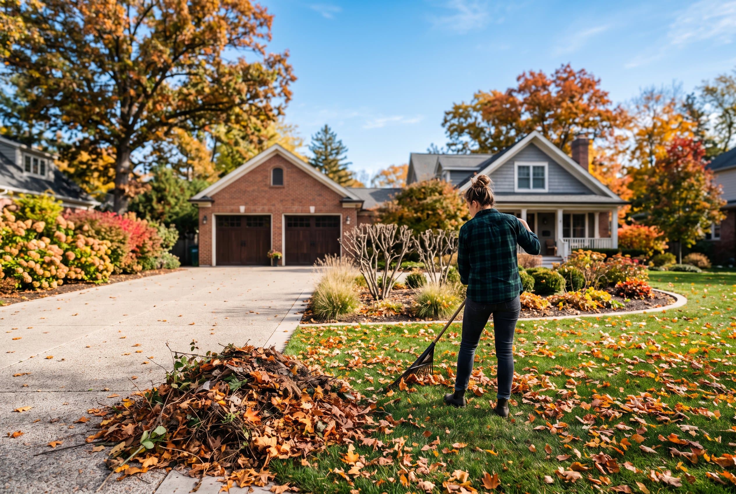 Professional lawn care worker preparing lawn for winter with fall maintenance tools and techniques