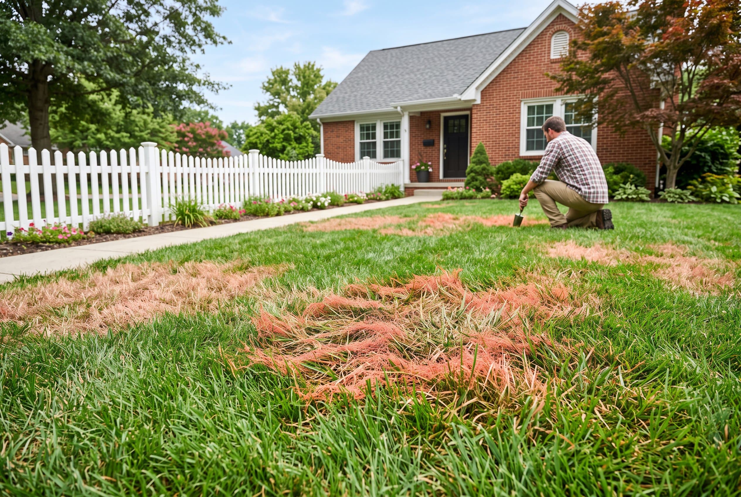Lawn grass showing pink-red thread-like patches, a symptom of red thread lawn disease infection
