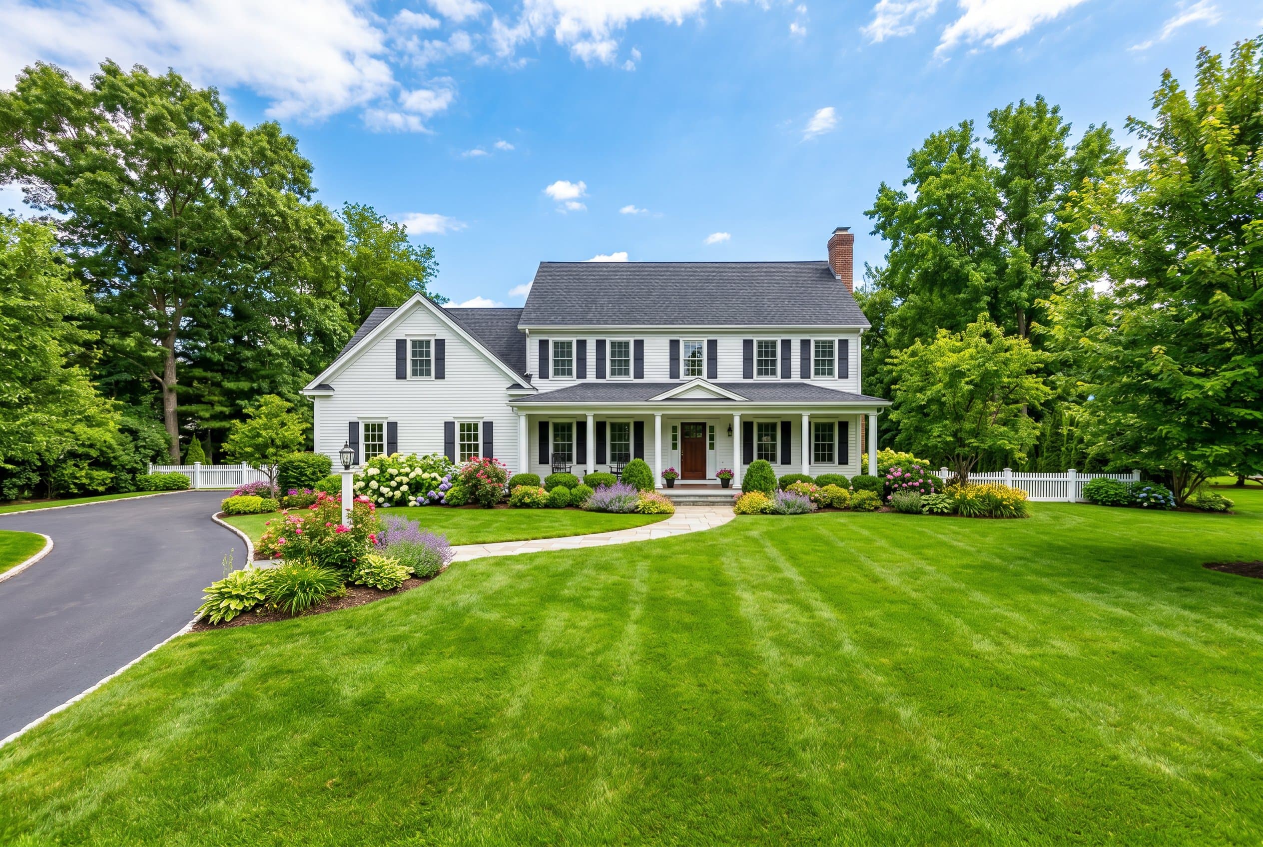 A large white two-story home with a professionally manicured, striped green lawn and landscaped flower beds along the driveway.