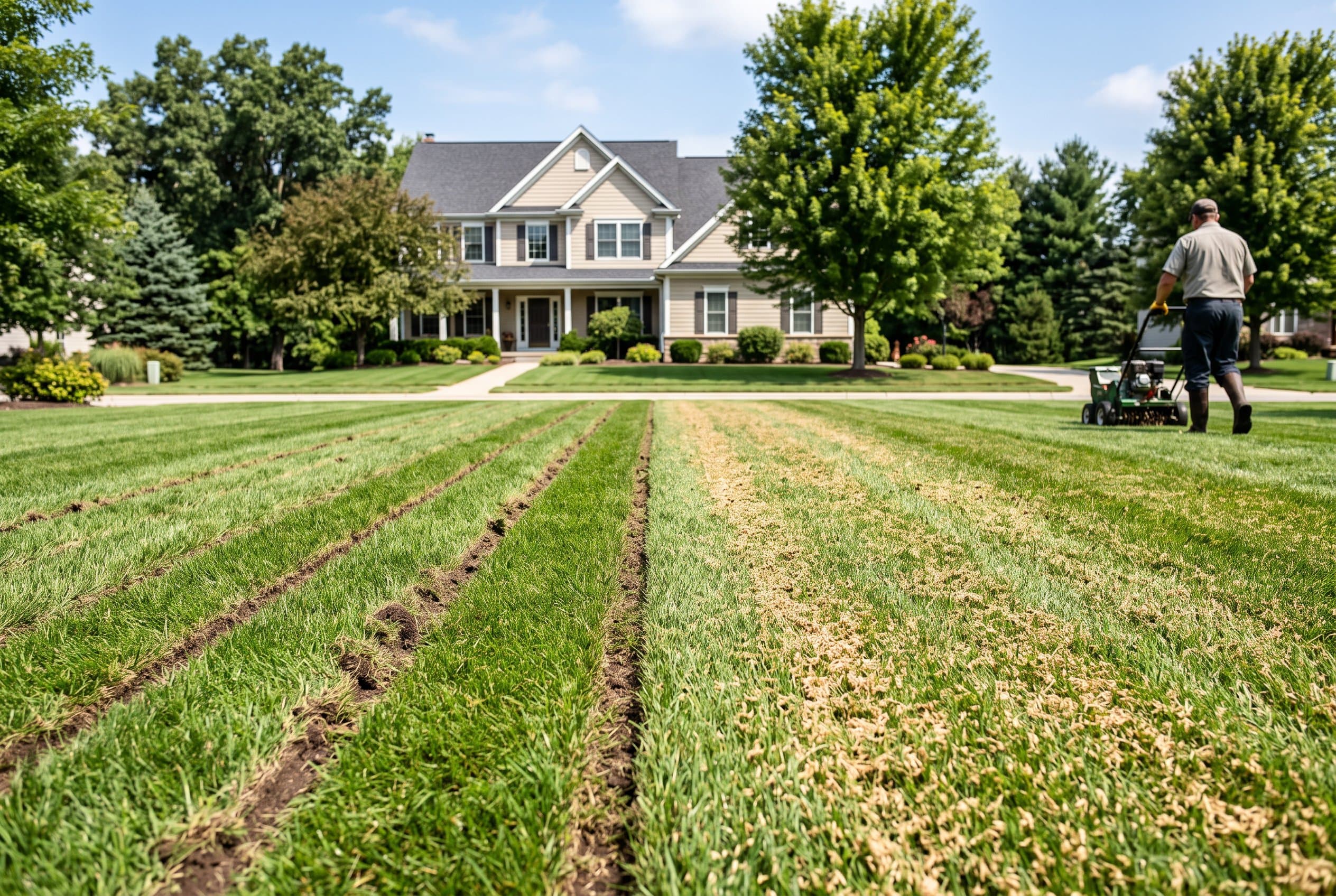 Professional landscaper performing slice seeding vs overseeding techniques on residential lawn
