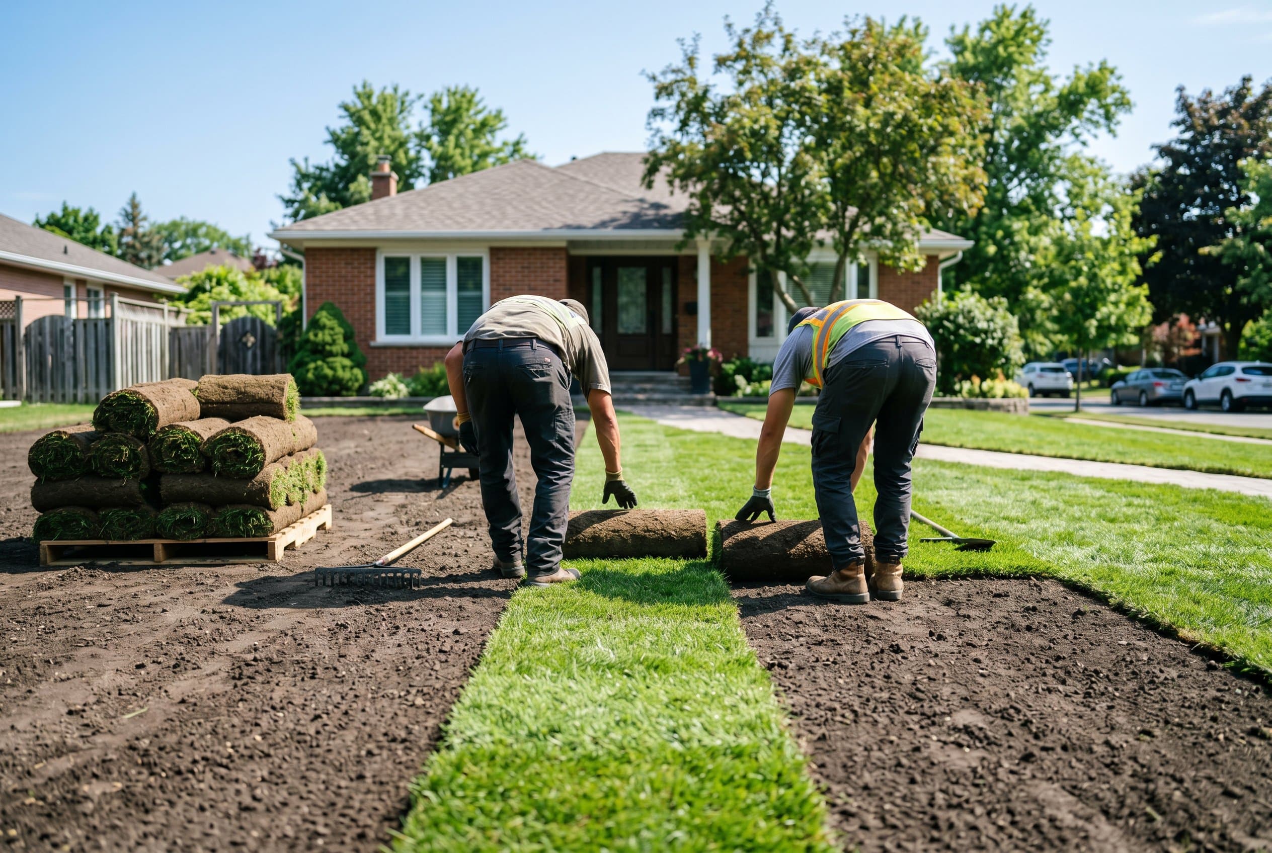Fresh sod rolls being laid across a graded residential front yard
