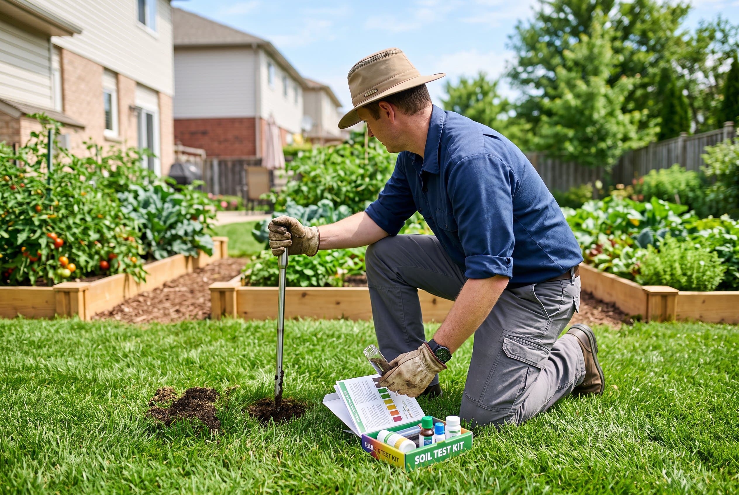 Homeowner performing soil testing for lawns by collecting a soil sample from green grass with a trowel