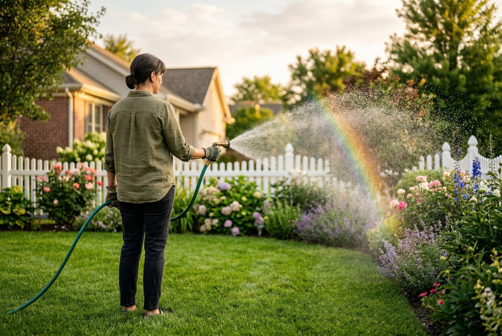Sprinkler system watering healthy green lawn at optimal time