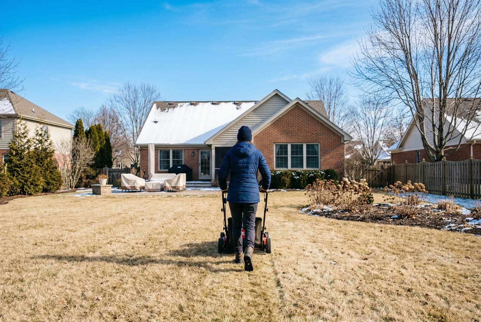 Lawn emerging from winter dormancy in early spring