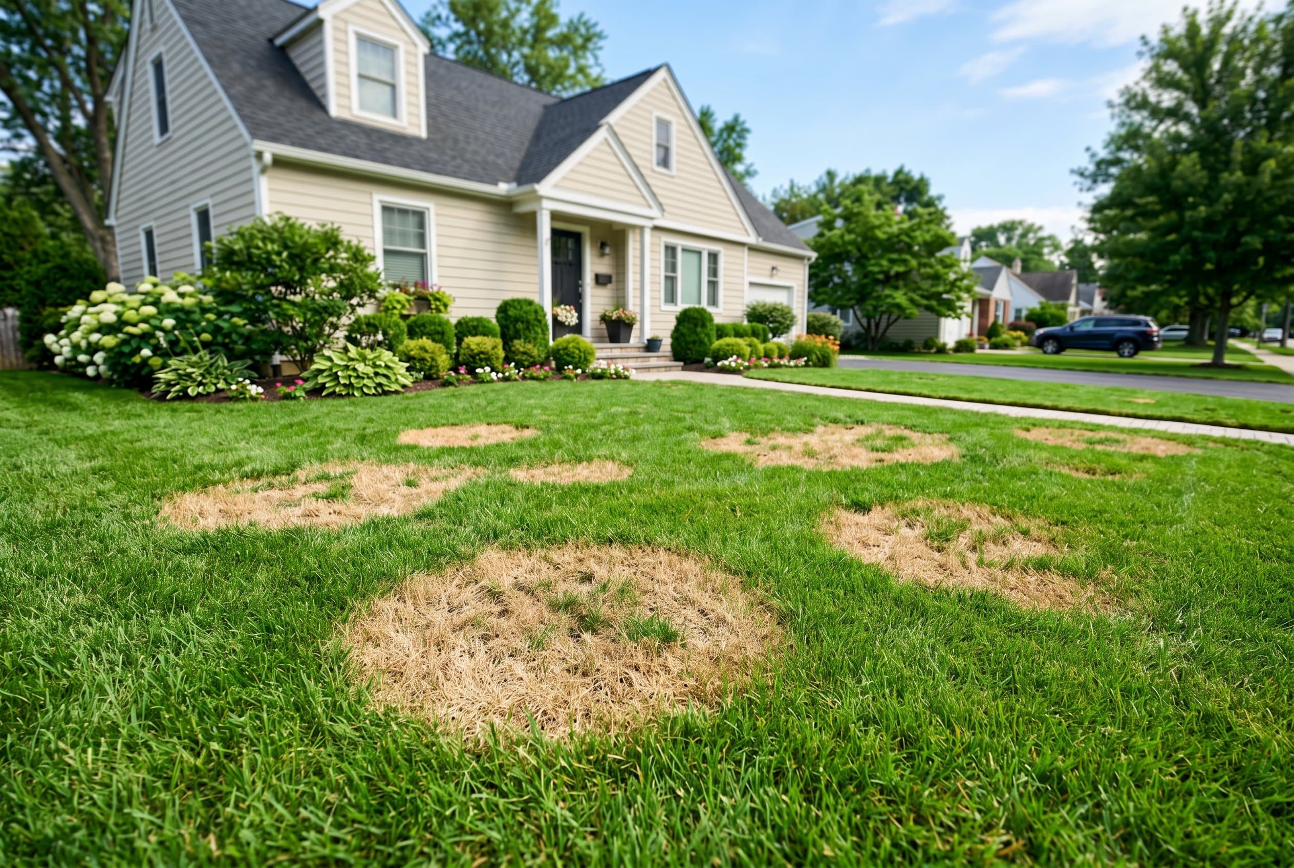 Green front lawn dotted with circular tan patches of disease-killed grass in front of a suburban house