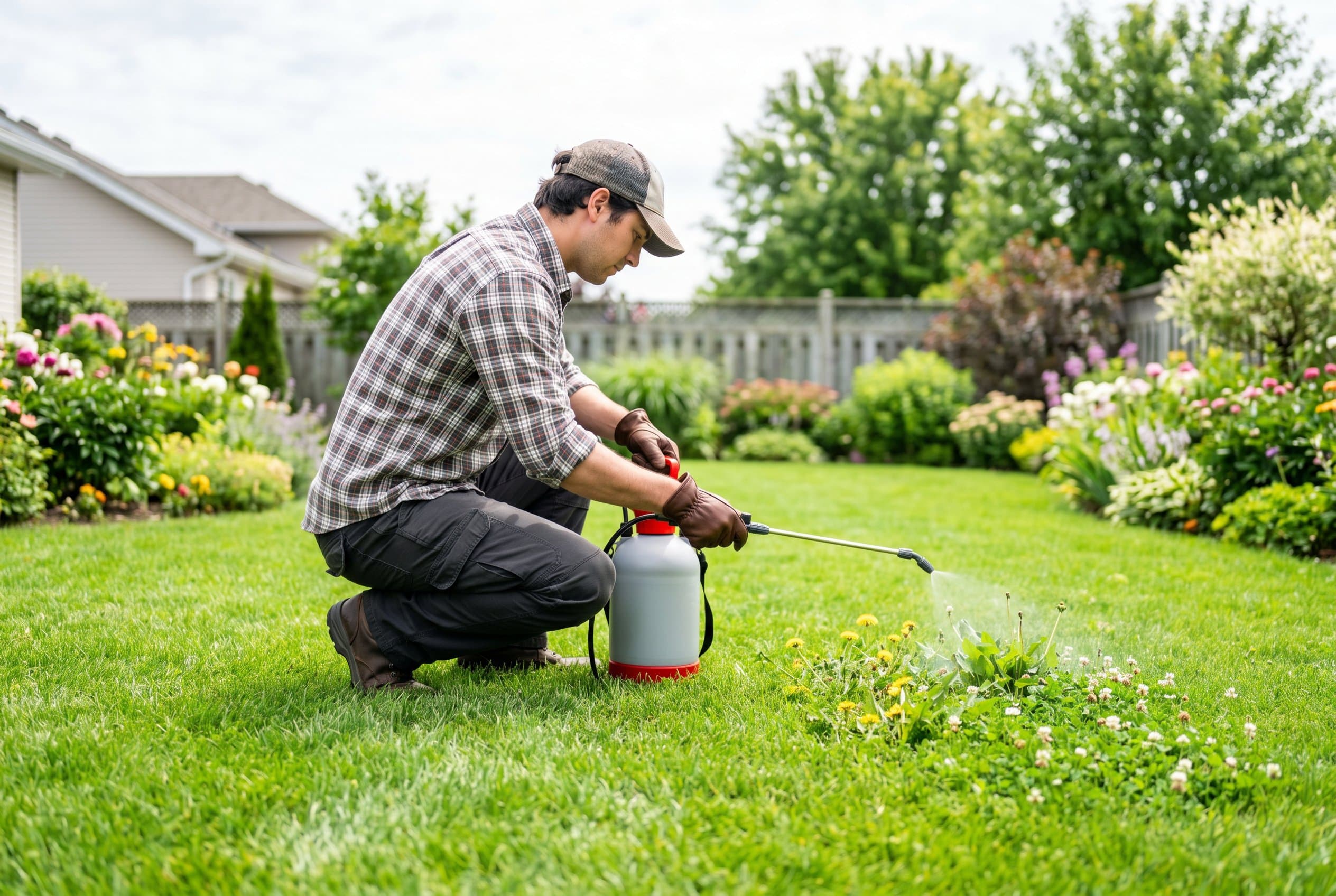 Man kneeling on a green backyard lawn using a pump sprayer to spot-treat a patch of dandelions and clover