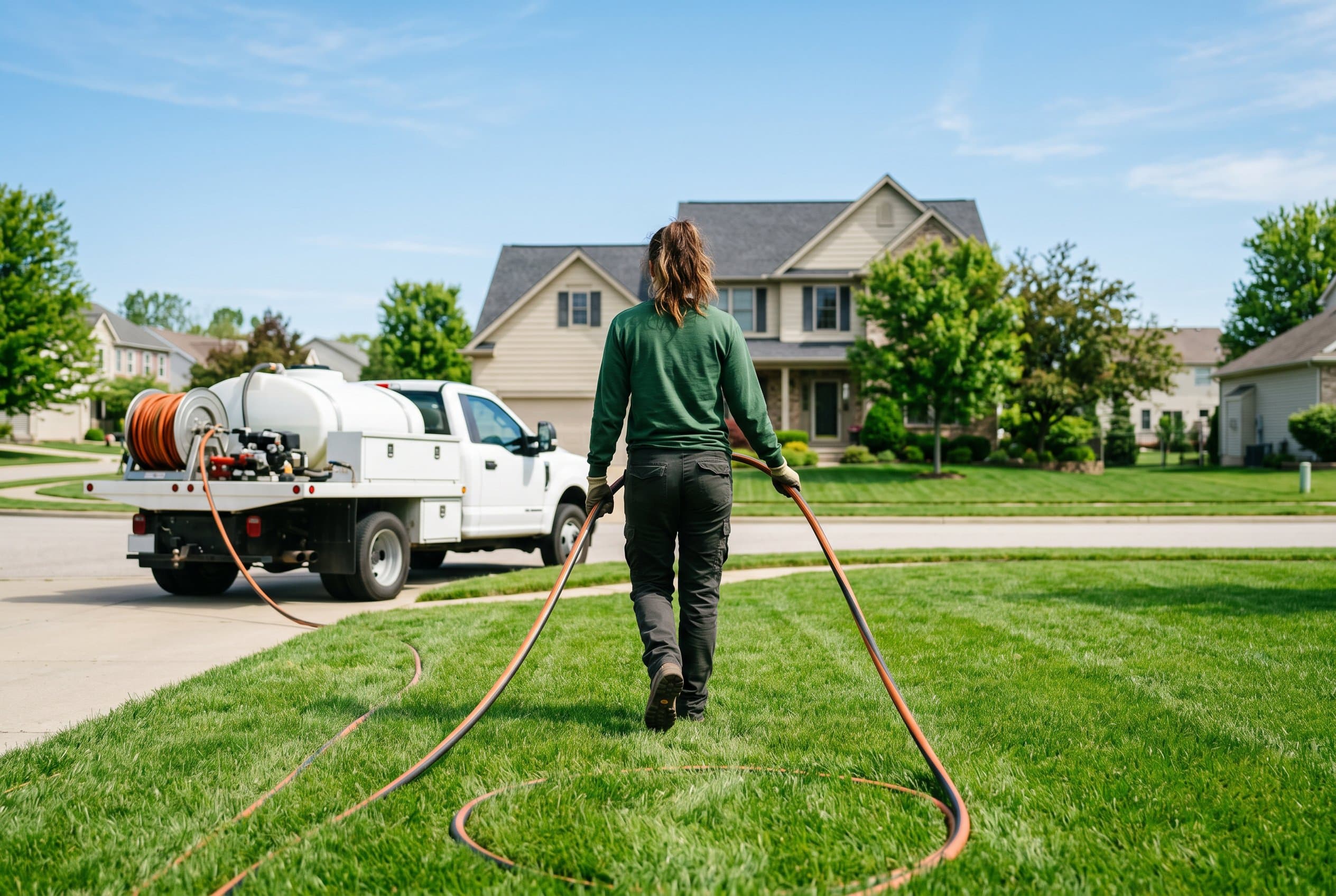 Lawn treatment technician pulling a spray hose from a tank truck toward a green suburban front lawn