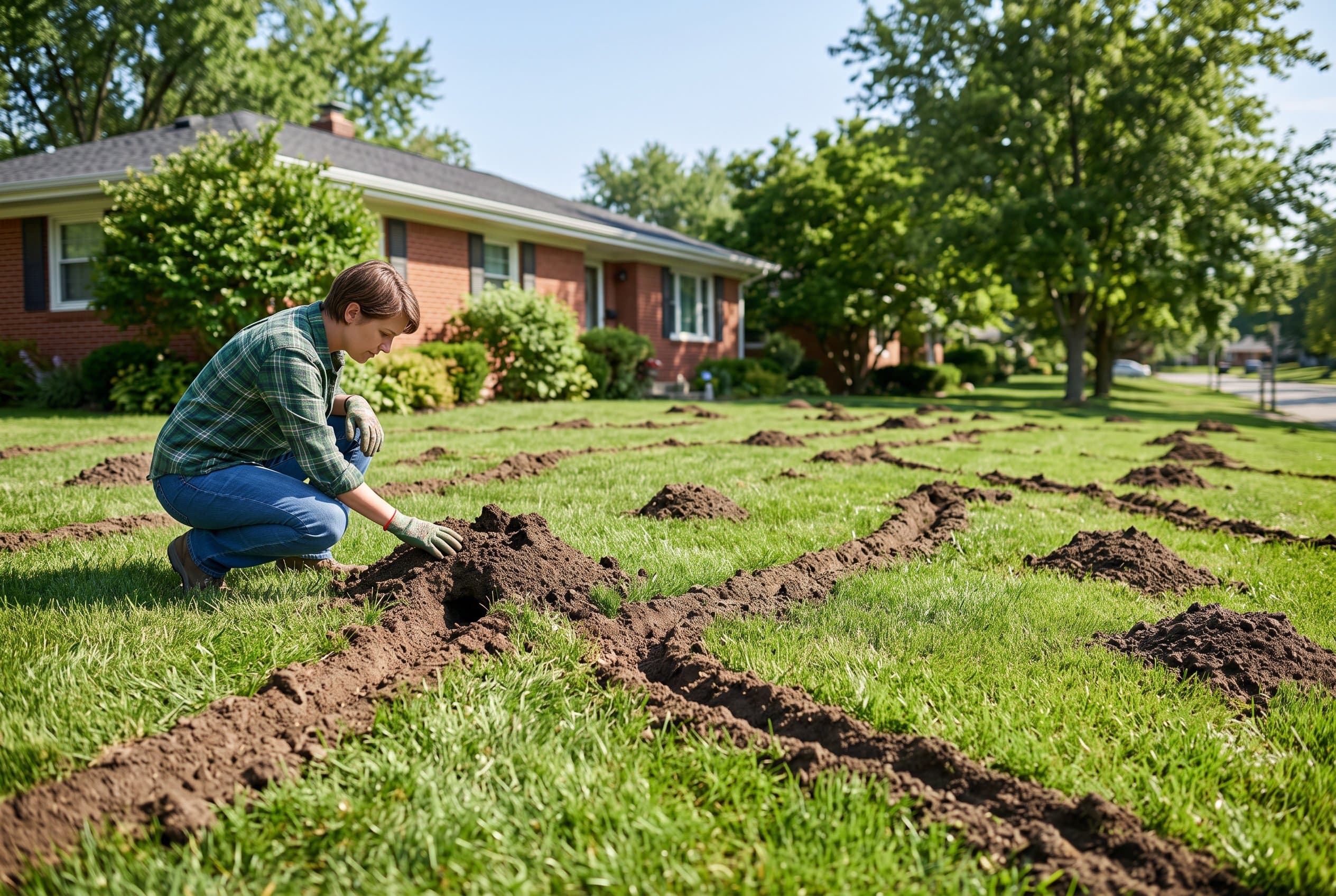 Lawn showing vole vs mole damage with tunnels and mounds comparison