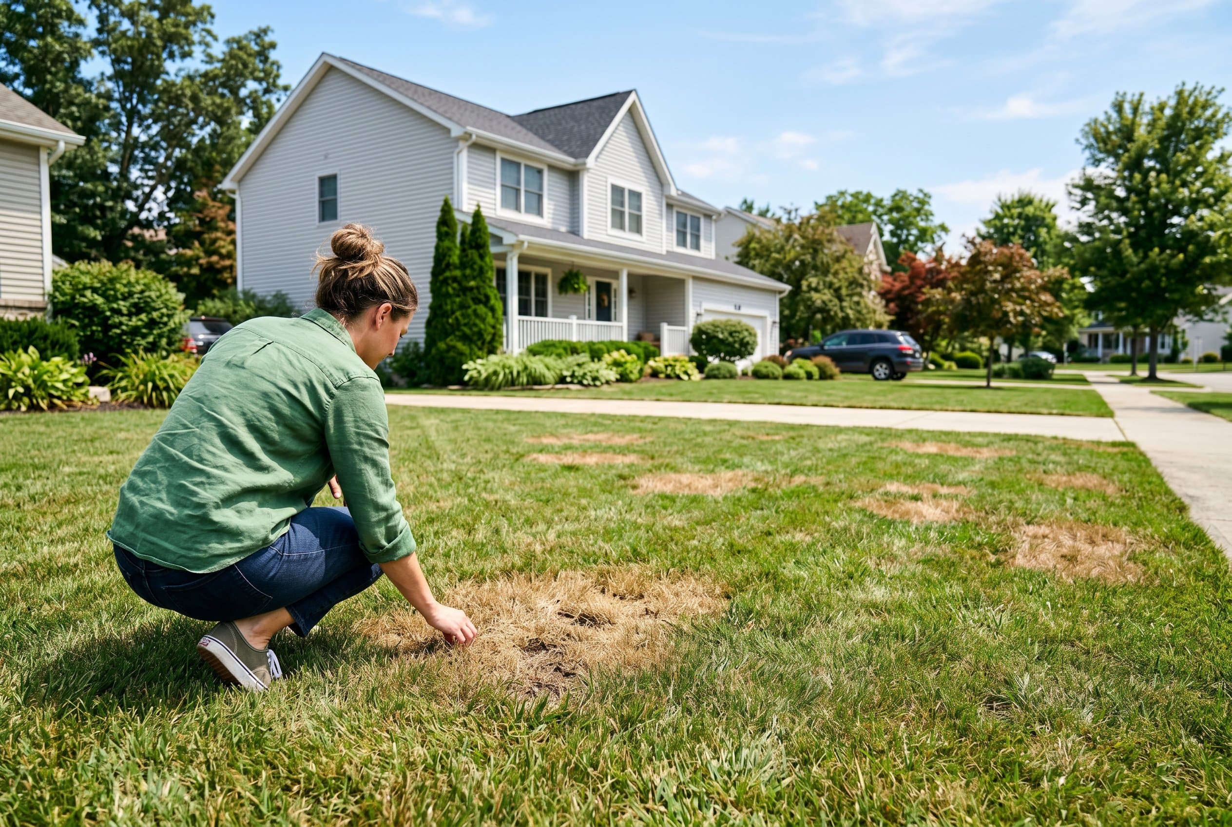 Woman crouching on a front lawn to examine one of several dead brown patches scattered through the grass