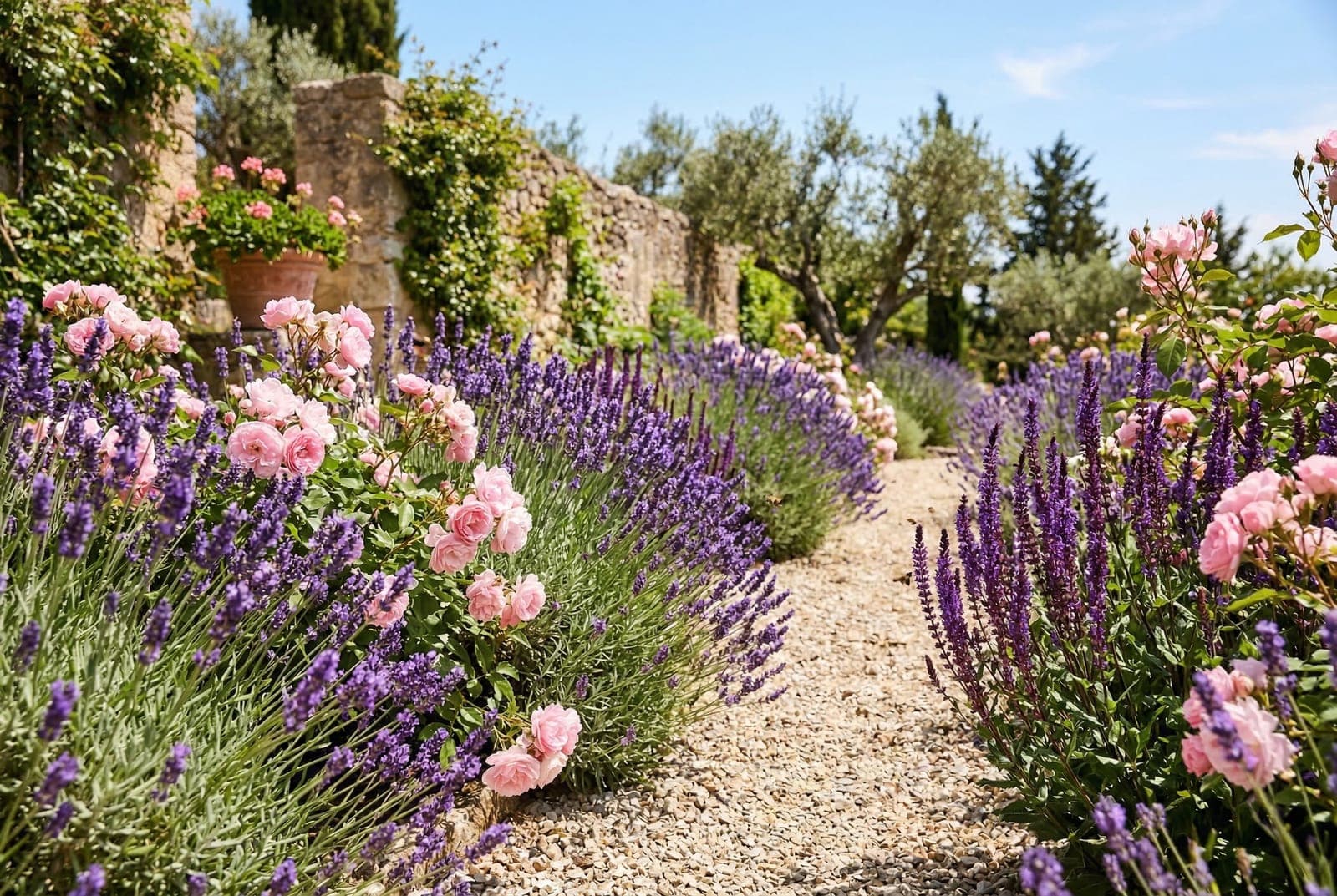 A sunny garden bed with blooming lavender planted alongside pink roses and purple salvia