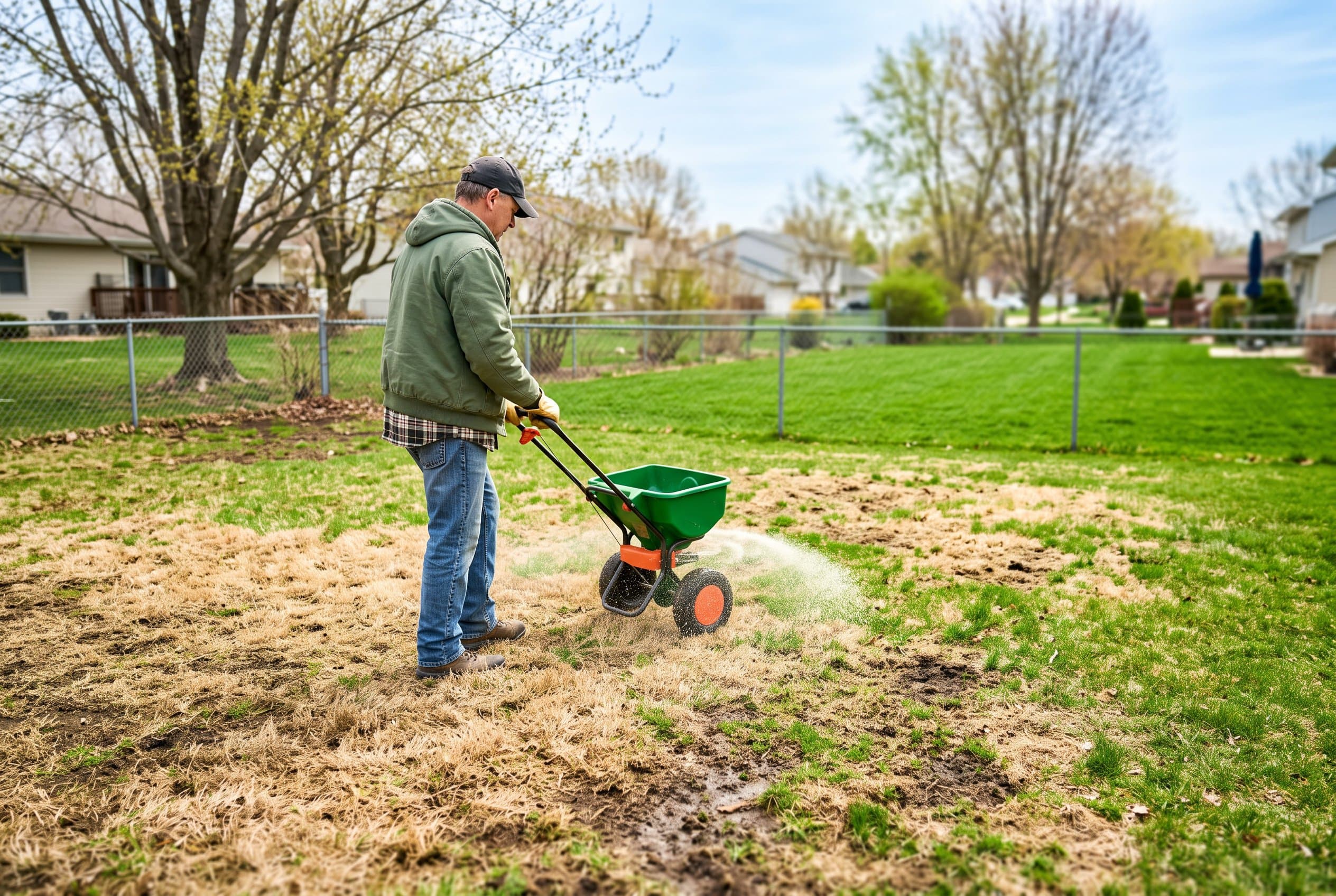 Professional applying liquid grub killer to healthy green lawn during optimal treatment season