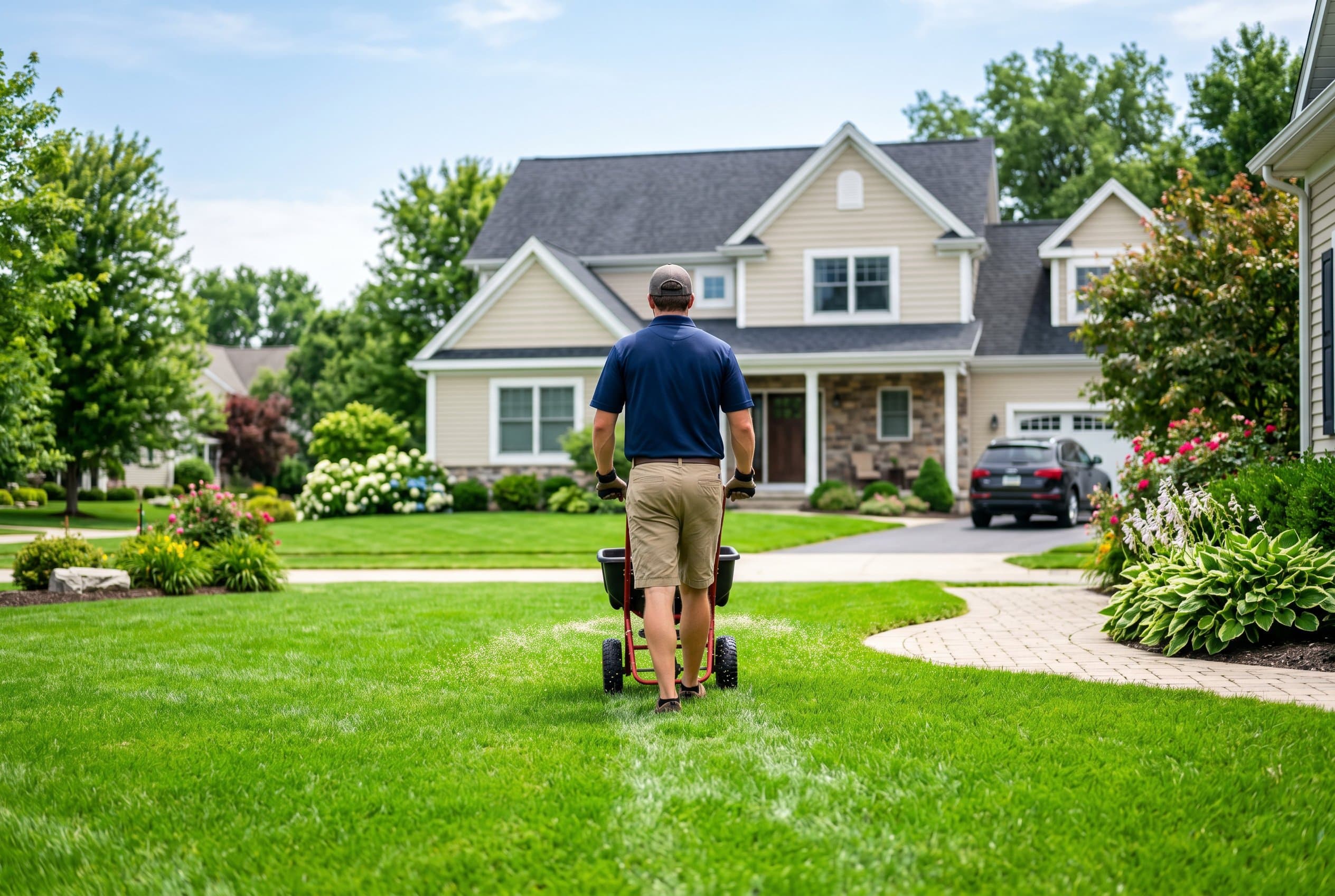 Homeowner pushing a broadcast spreader across a sunny green front lawn to apply grub treatment