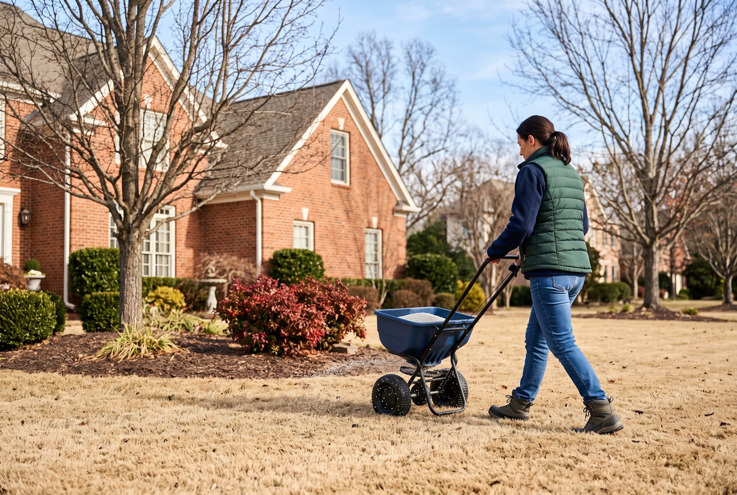 Homeowner applying winterizer fertilizer to green lawn in fall season