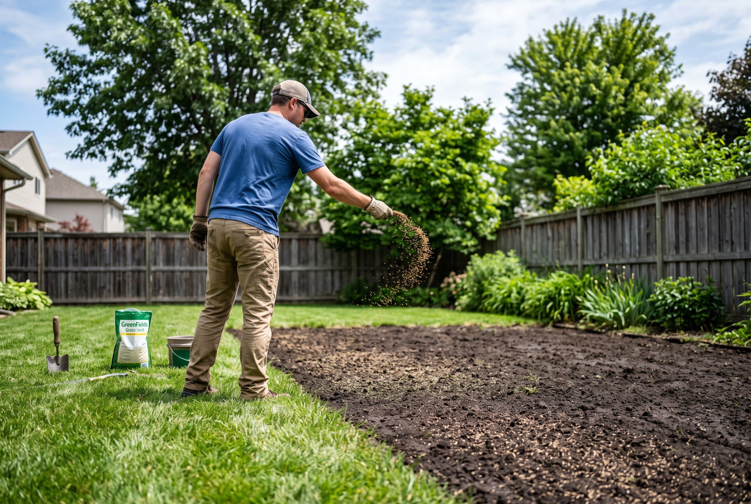 Professional landscaper spreading grass seed on prepared brown soil during spring lawn care