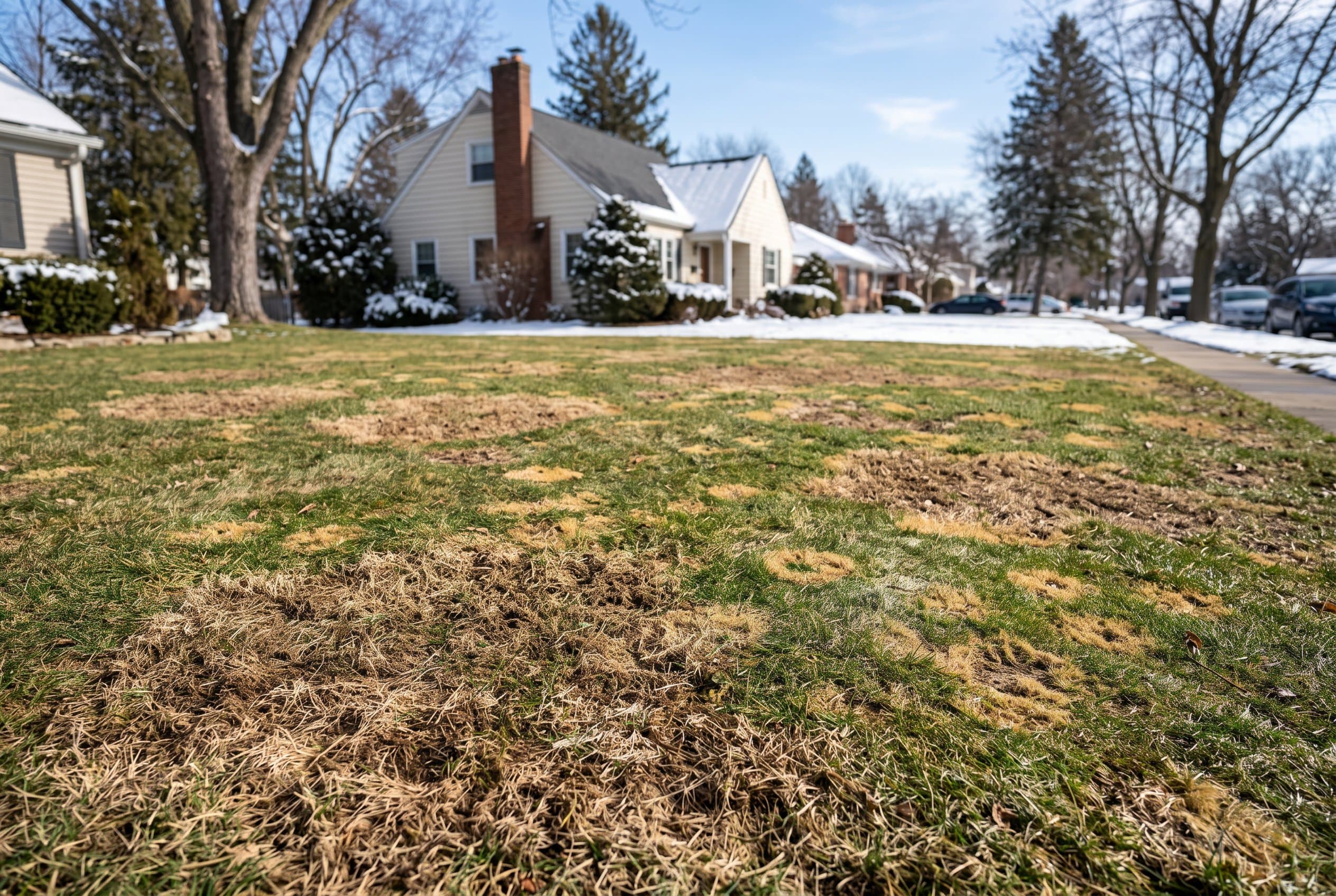 Close-up of brown and gray patches on winter lawn showing signs of disease damage