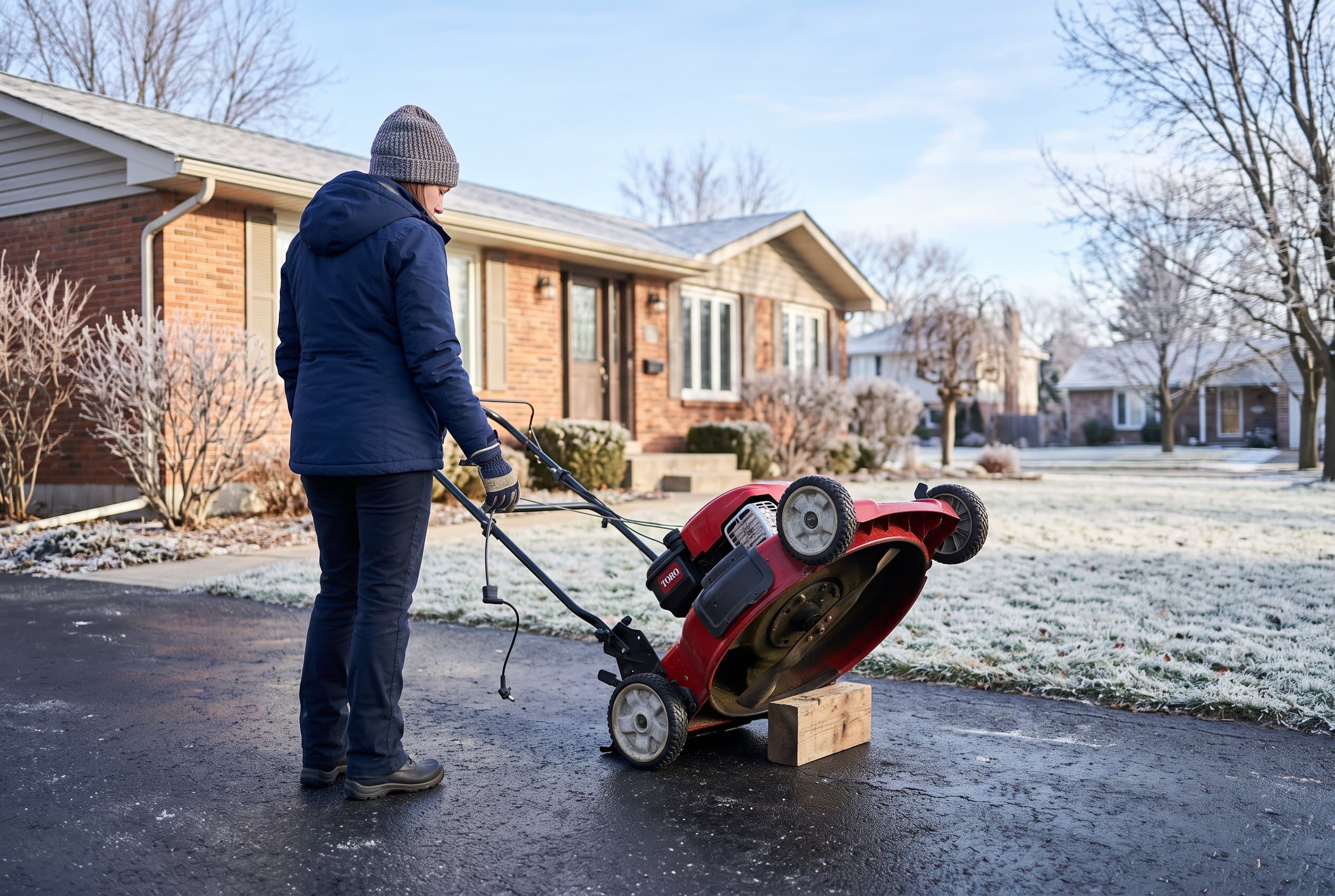 Professional technician winterizing lawn mower with maintenance tools in garage workshop