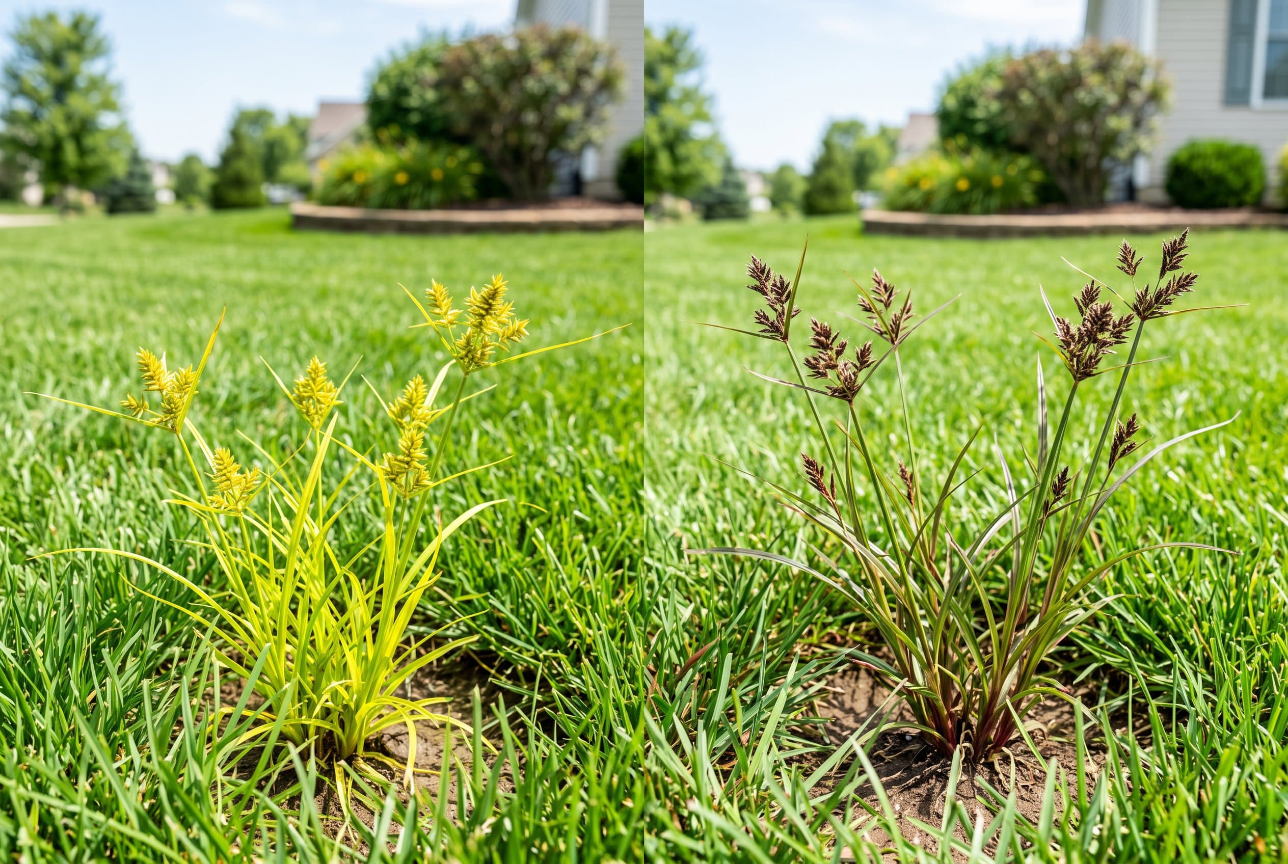 Close-up comparison of yellow nutsedge and purple nutsedge plants showing distinctive leaf and stem differences