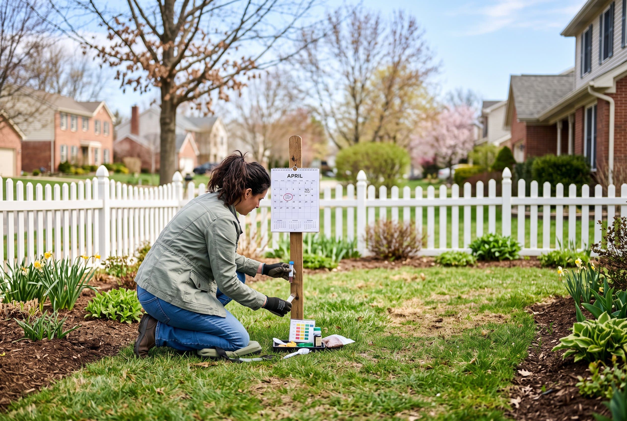Lush green lawn in zone 6 during spring maintenance with calendar guide overlay