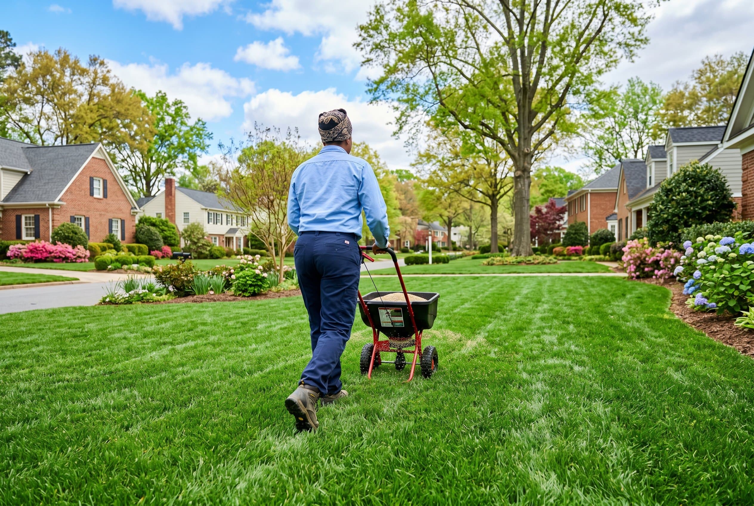 professional landscaper planting grass seed in Charlotte lawn during optimal spring season