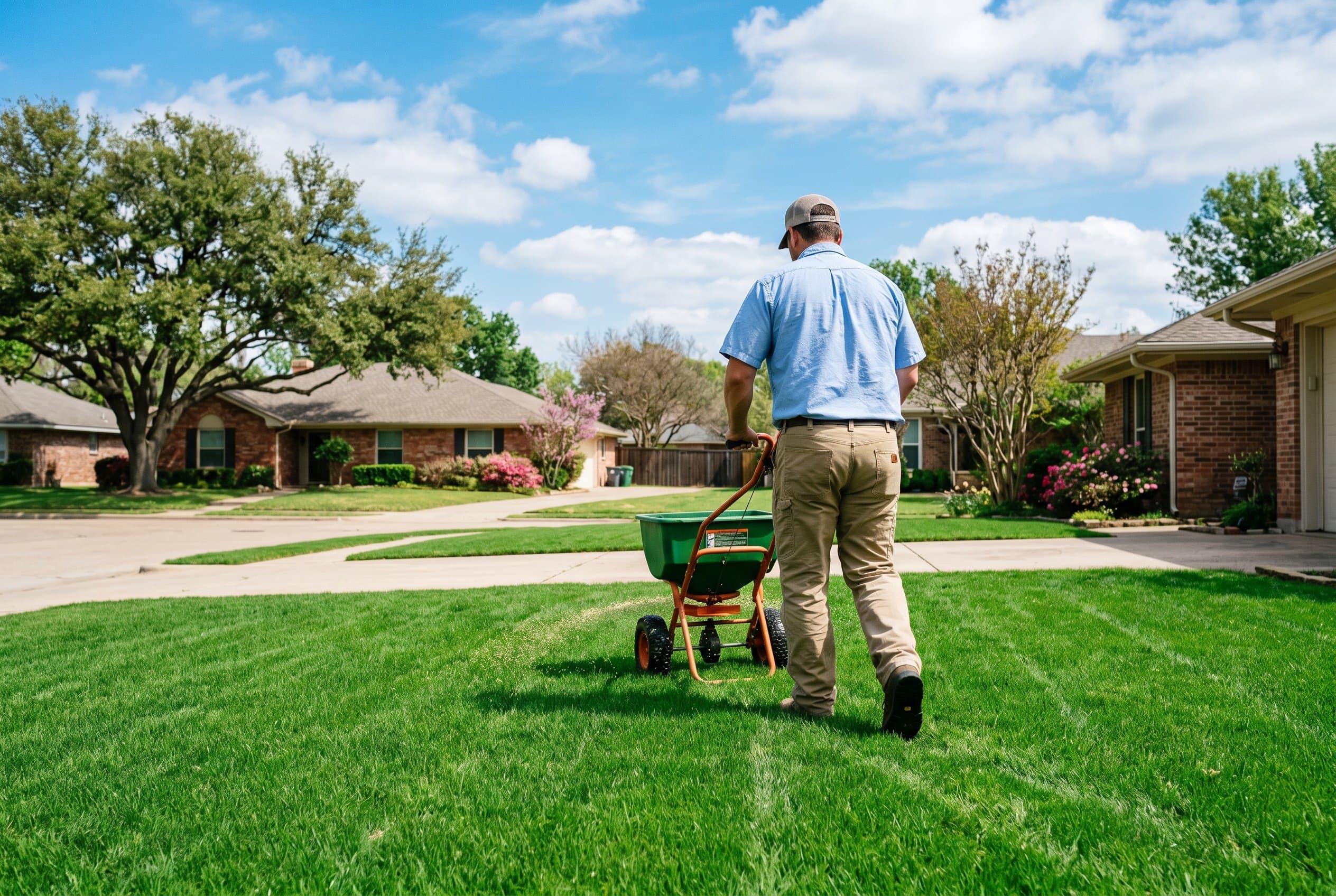 Professional landscaper planting grass seed in Dallas lawn during optimal growing season