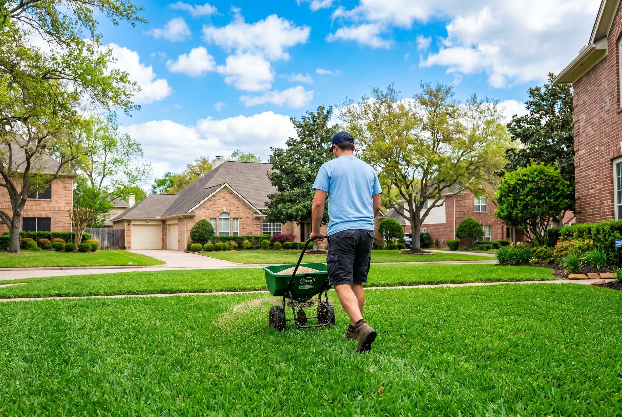 Professional landscaper planting grass seed in Houston lawn during optimal growing season