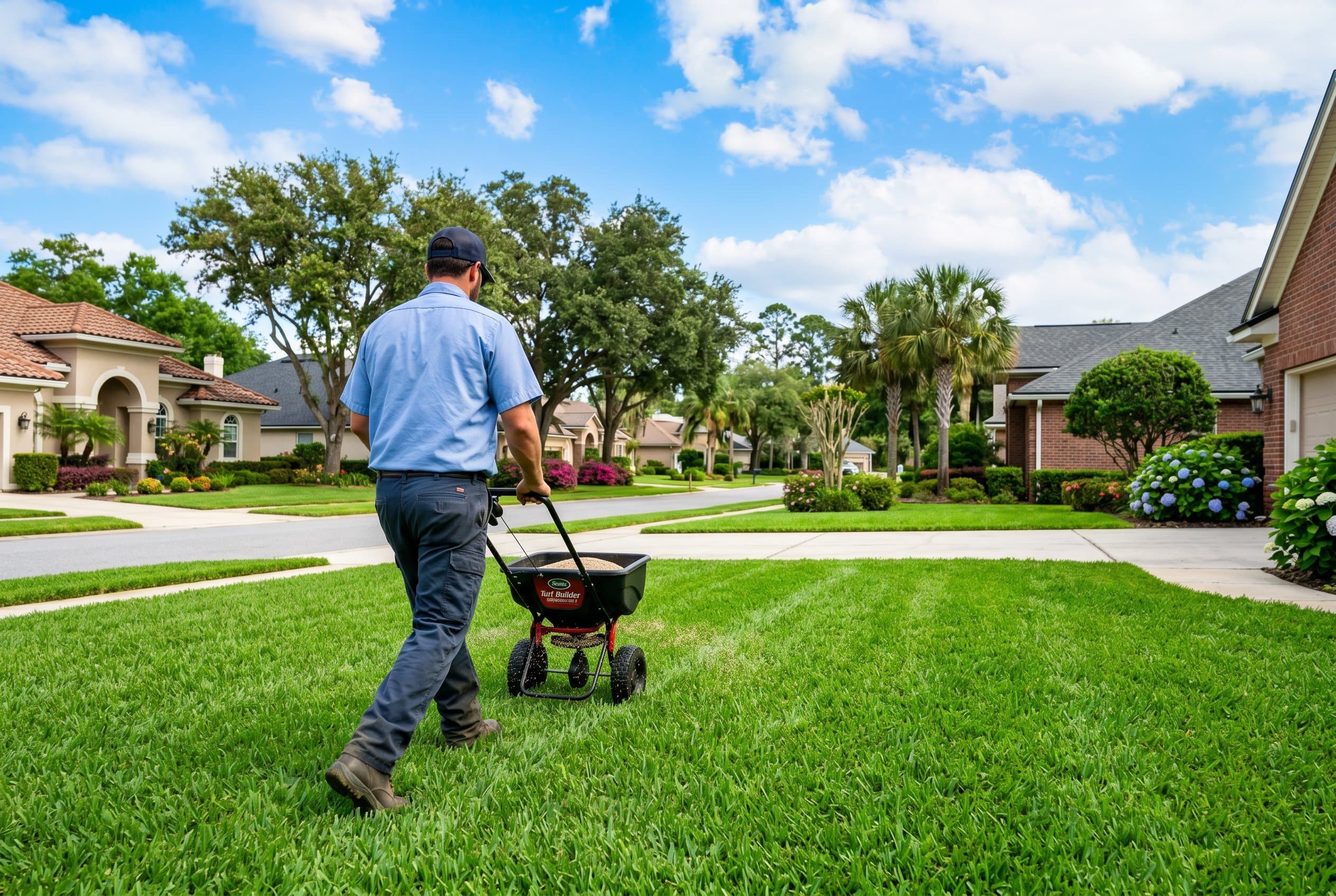Professional landscaper planting grass seed in Jacksonville lawn during ideal growing season