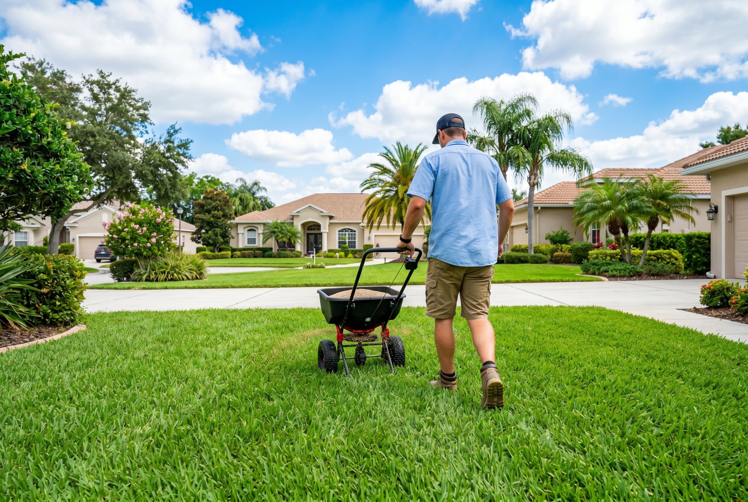 Lush green lawn with grass seed being planted in Orlando during optimal growing season