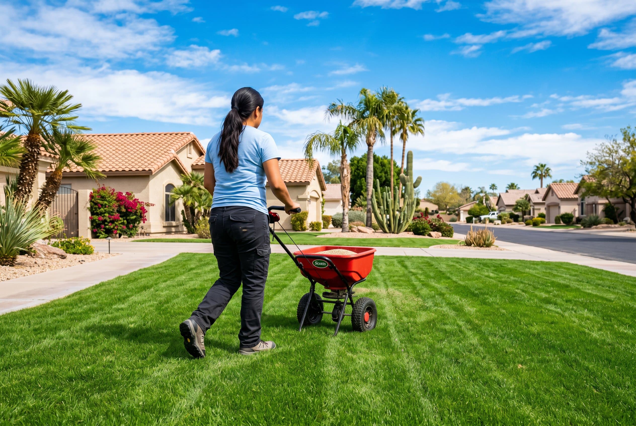 Professional landscaper spreading grass seed on Phoenix desert soil during optimal planting season