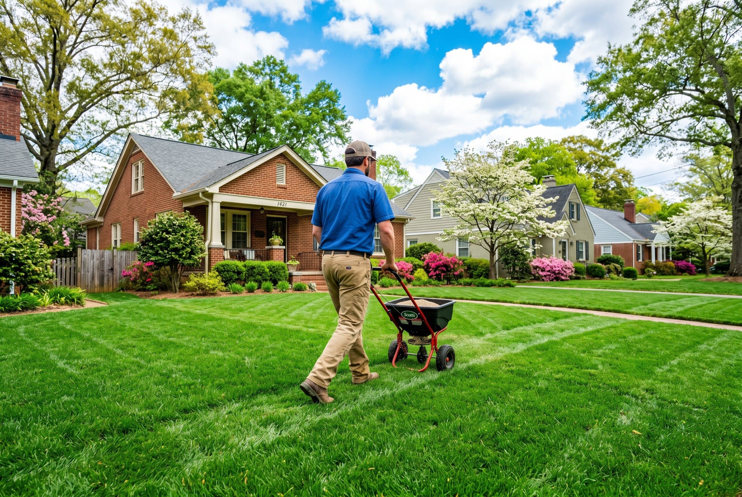 Person spreading grass seed on bare lawn patch in Raleigh during optimal planting season