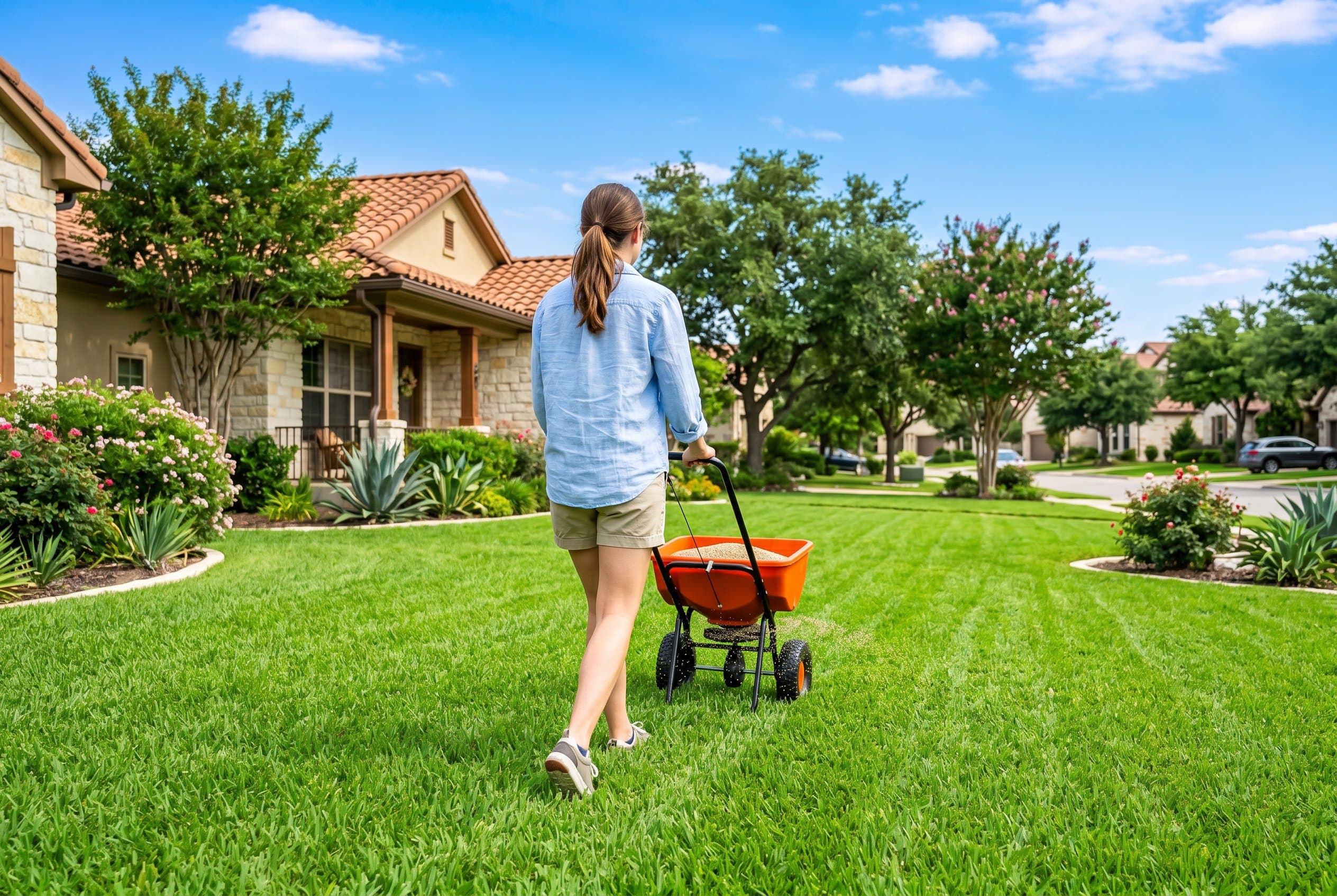 Professional landscaper planting grass seed in San Antonio yard during ideal growing season
