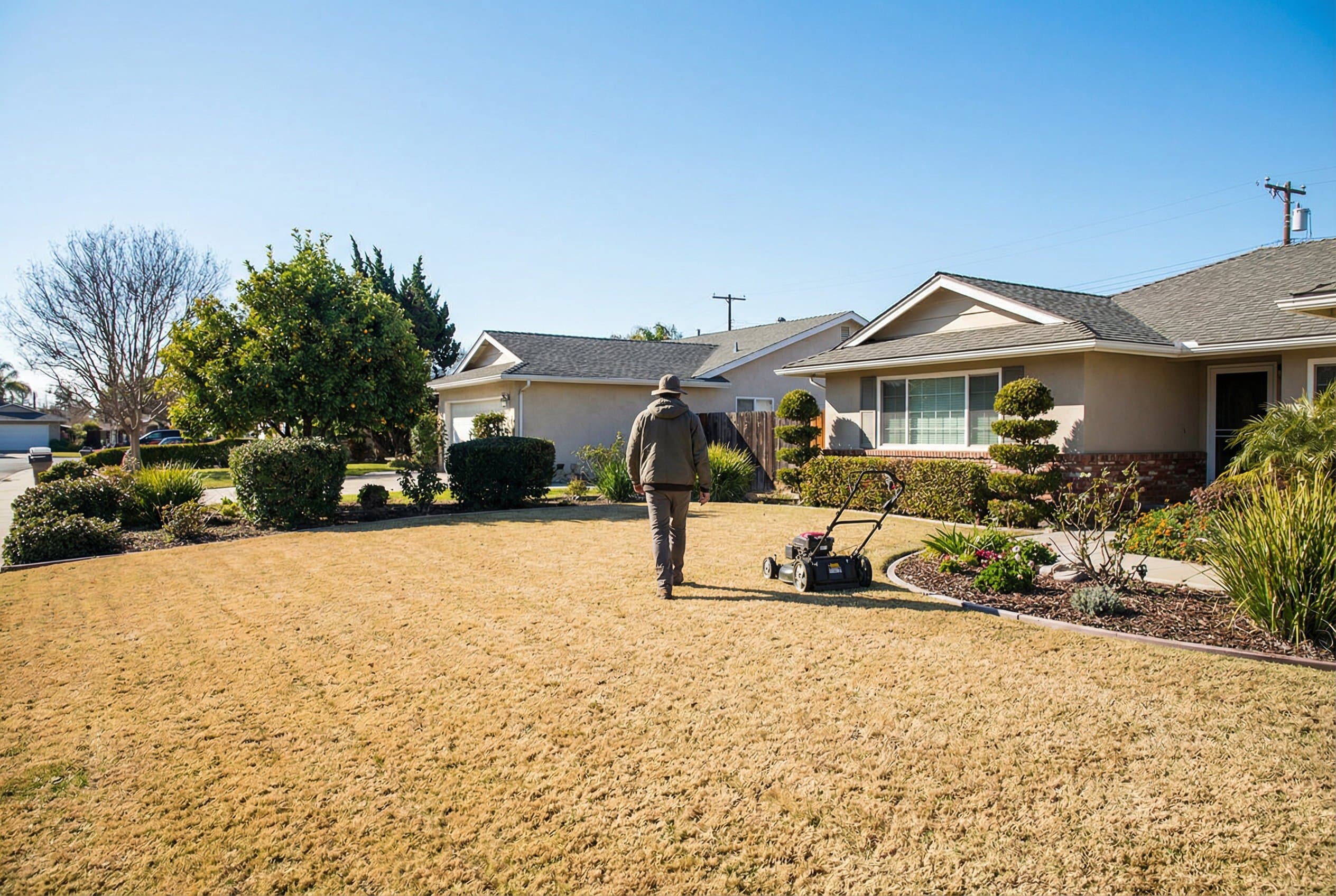 Lush green lawn with California native grass varieties thriving under bright sunlight in a residential backyard setting