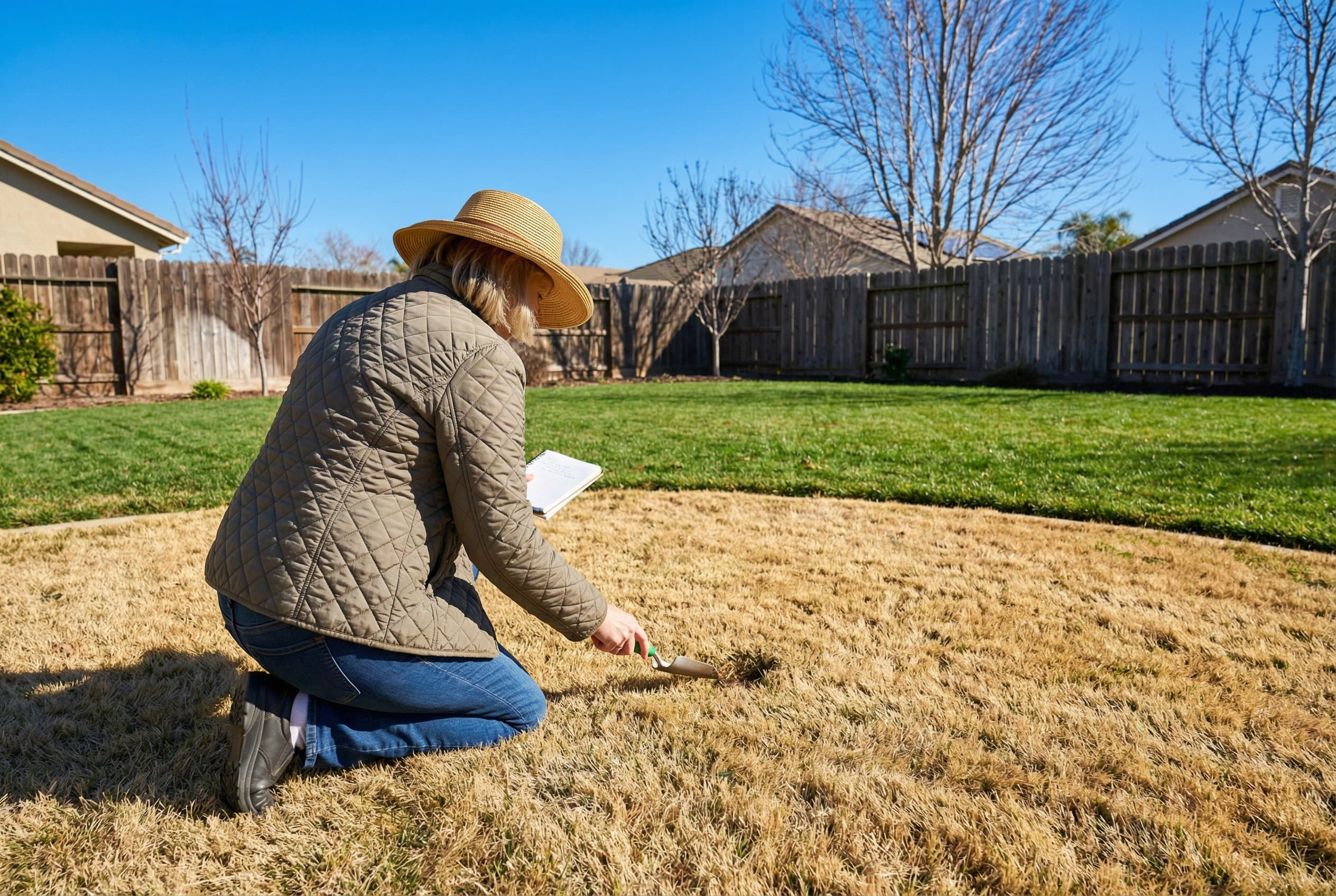 Dry brown lawn with patchy grass and cracked soil, showcasing common lawn problems in California's drought conditions