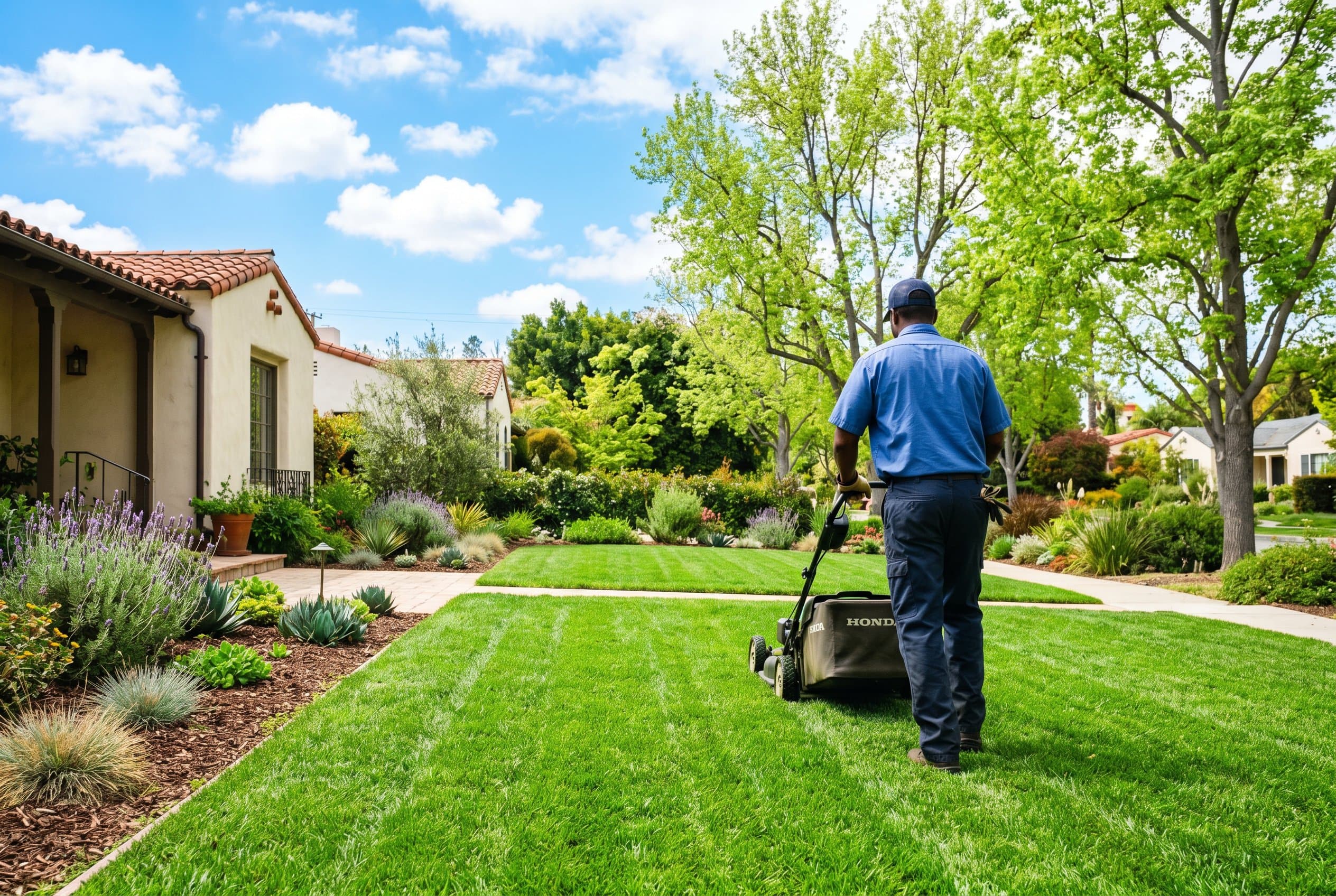 Professional lawn care technician applying crabgrass preemergent treatment to California lawn in early spring
