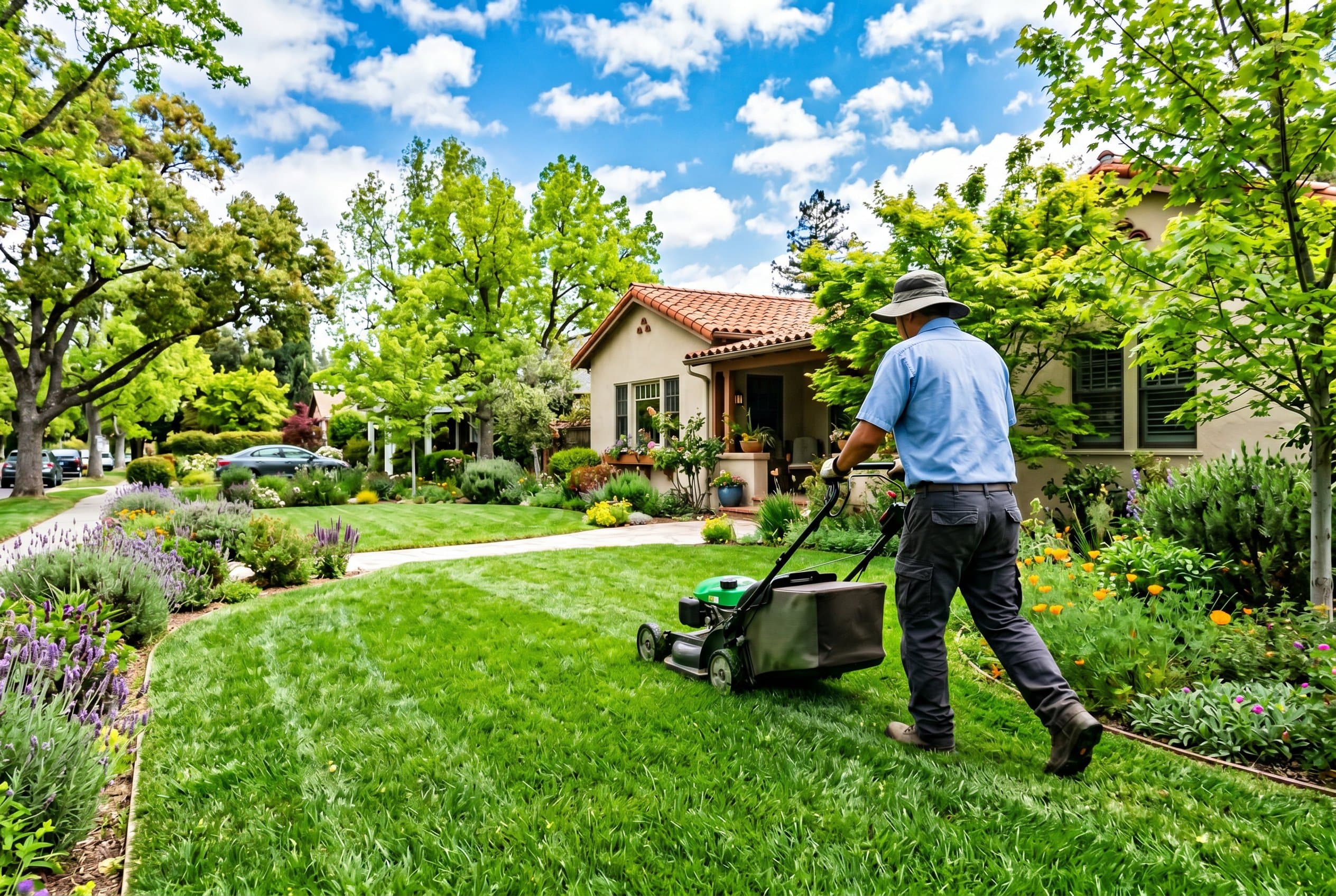 Healthy green lawn with drought-resistant plants in California drought lawn care landscape