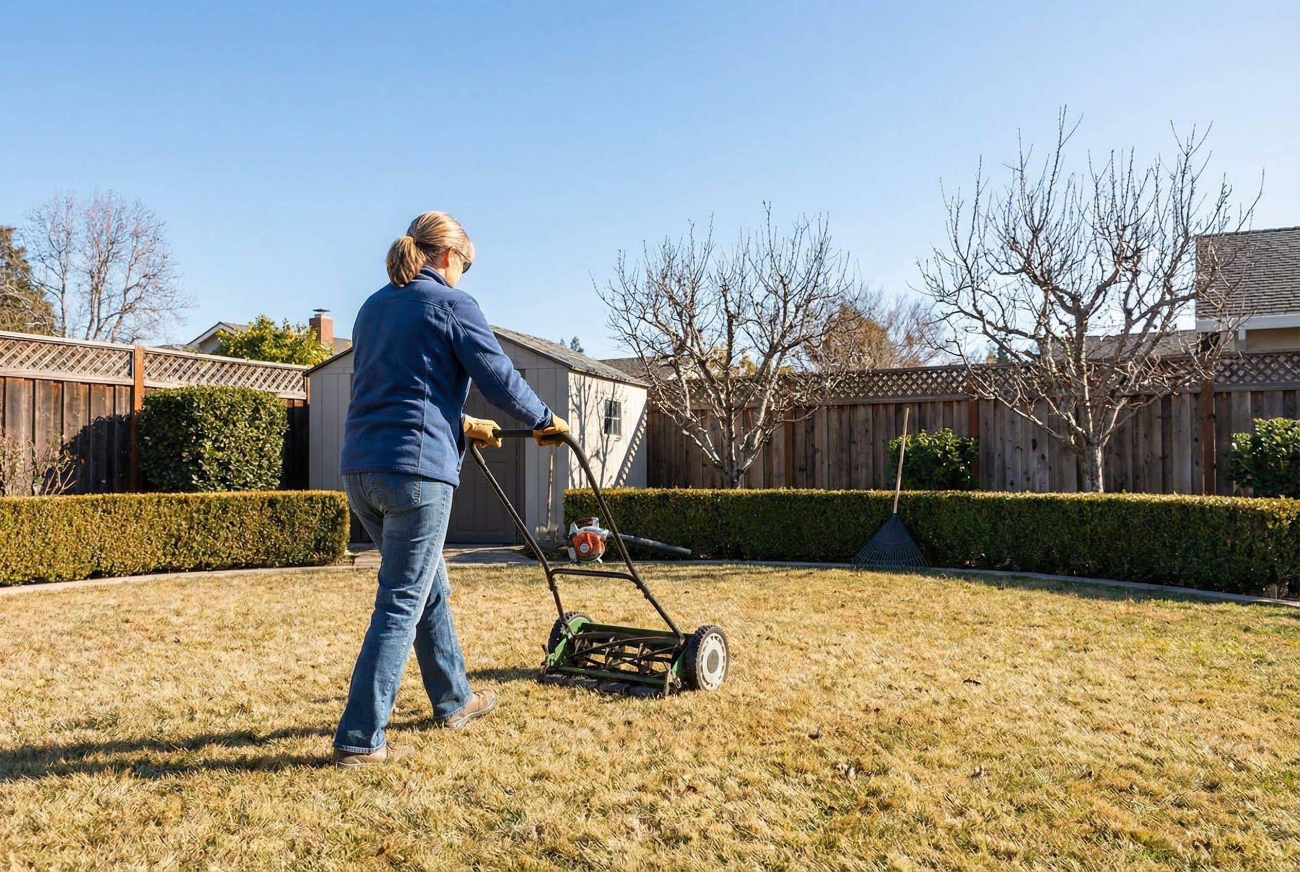 Professional landscaper using rake on lush California lawn with autumn trees and golden leaves in background during fall lawn