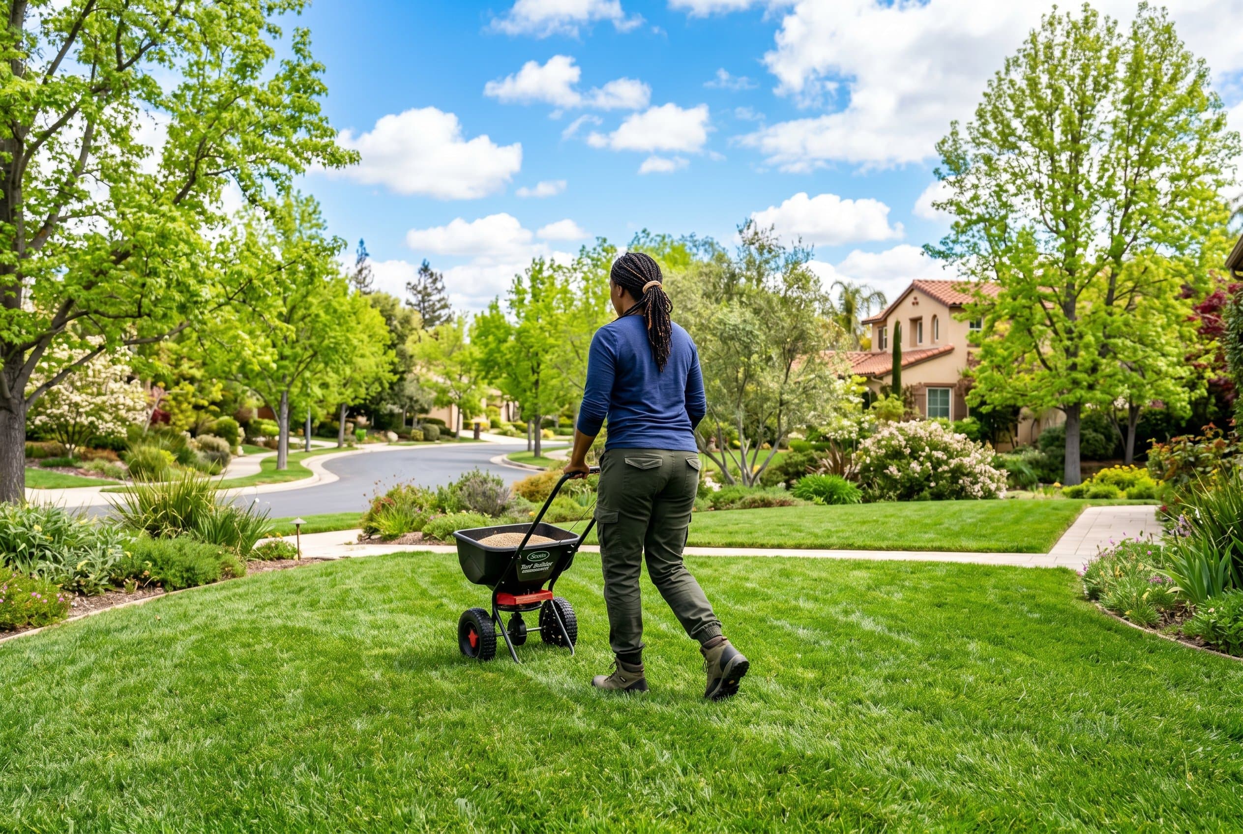 Freshly planted grass seed in California lawn during optimal spring planting season