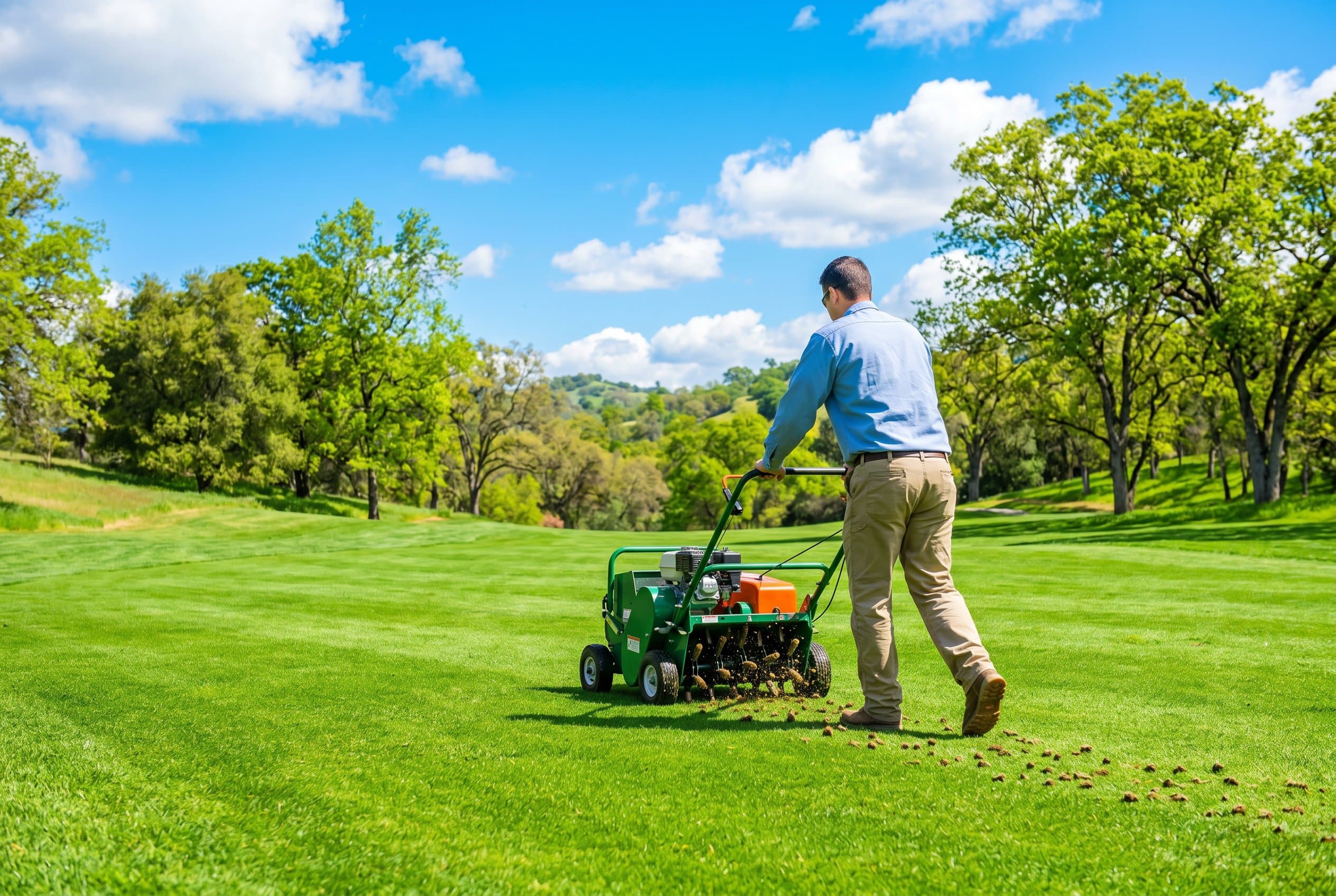 Professional lawn aeration in California showing aerator machine creating holes in healthy green grass