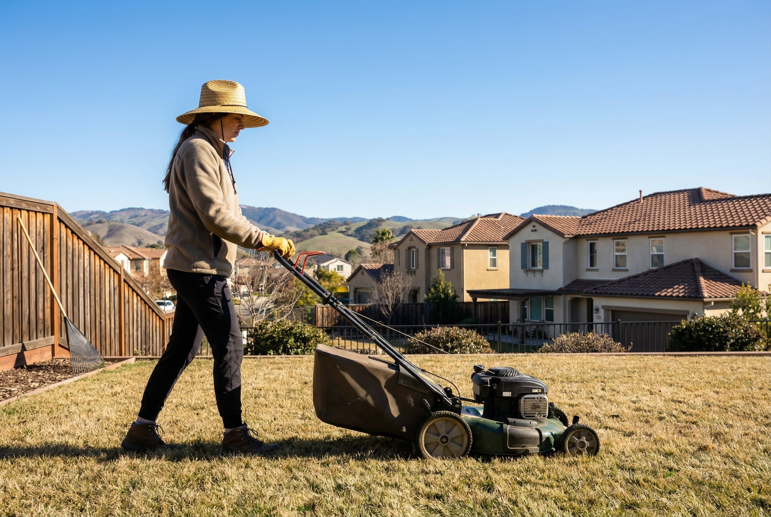 Lush green lawn with California native grass in sunny backyard, showing healthy landscaping techniques for California lawn ca