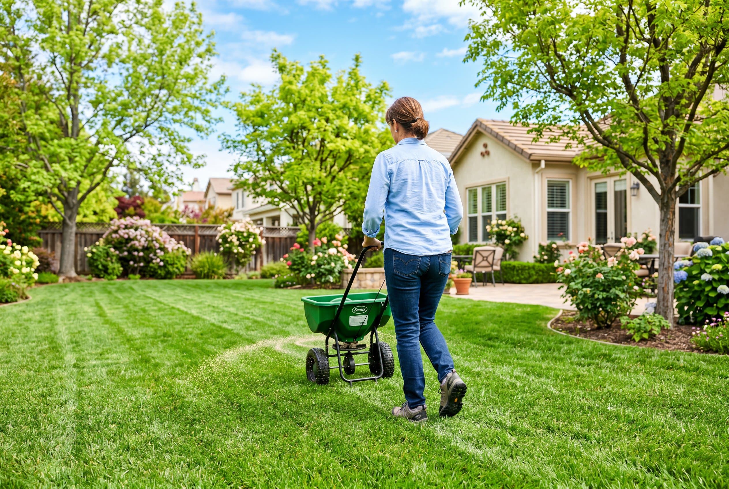 Professional landscaper applying lawn fertilizer schedule California on healthy residential lawn