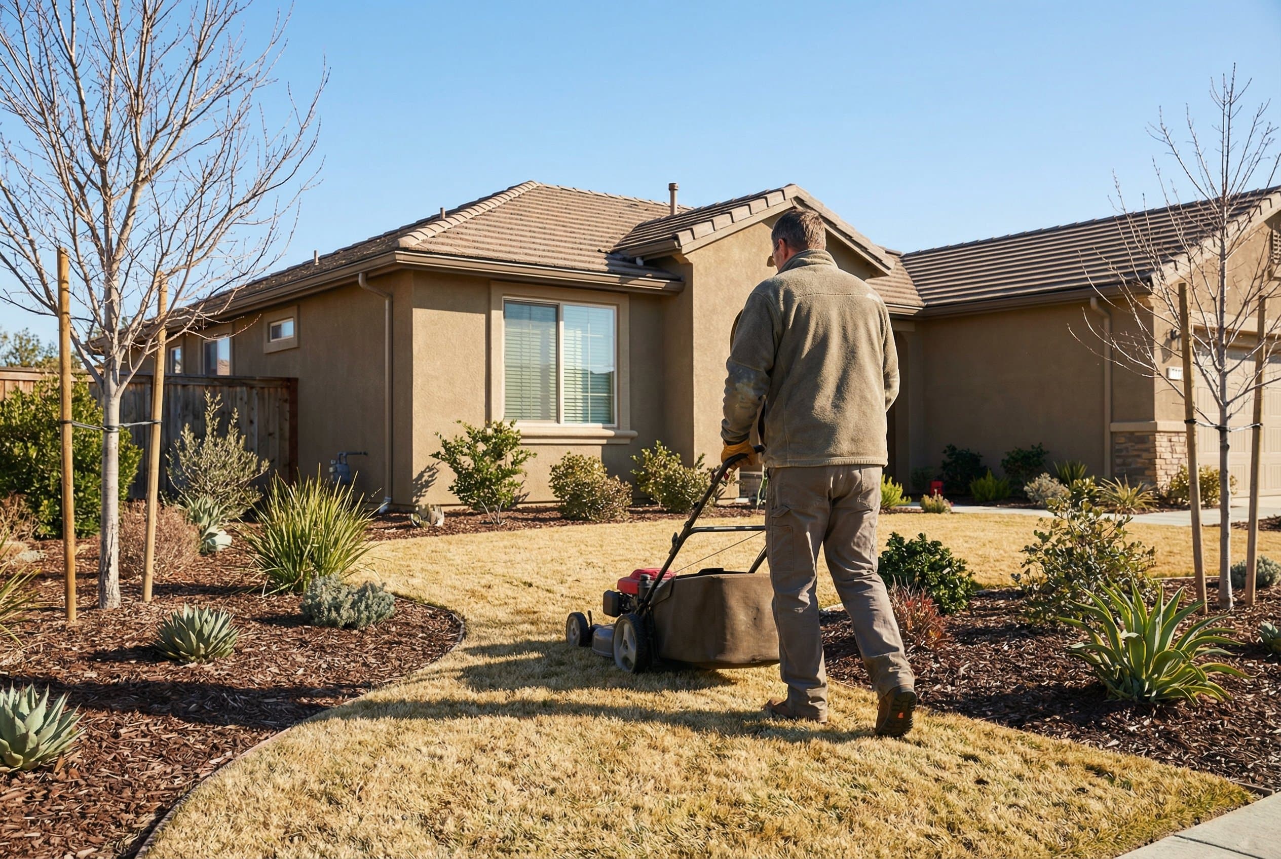 Professional landscaper spreading fertilizer on lush green lawn with California mountains in background during spring season